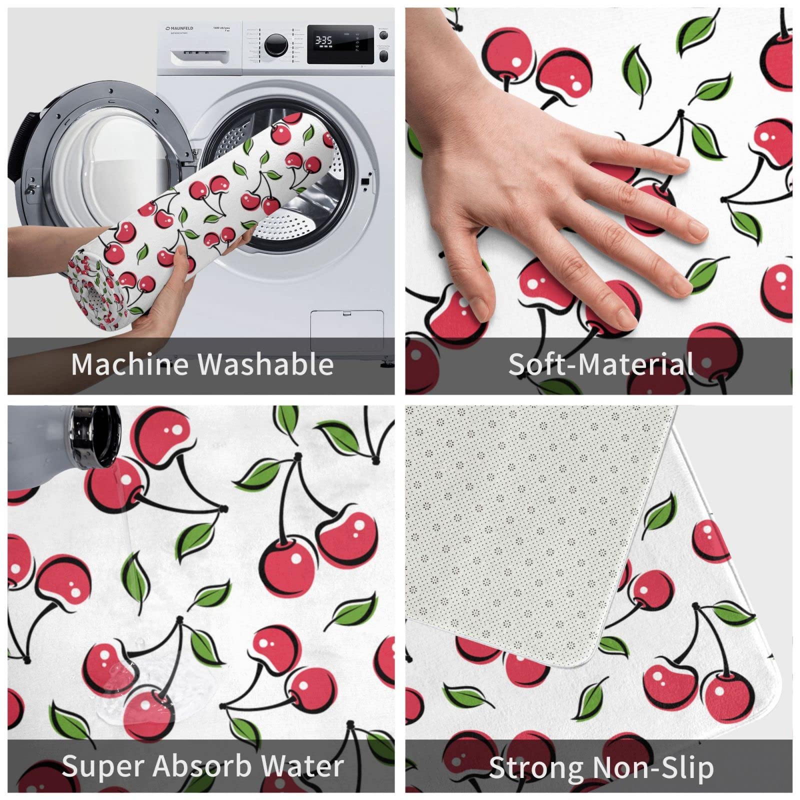 Cherry Bath Mats For Bathroom, Soft Absorbent Bath Rug Non-Slip Floor Rug Carpets For Kitchen Bathroom Laundry Bedroom Living Ro