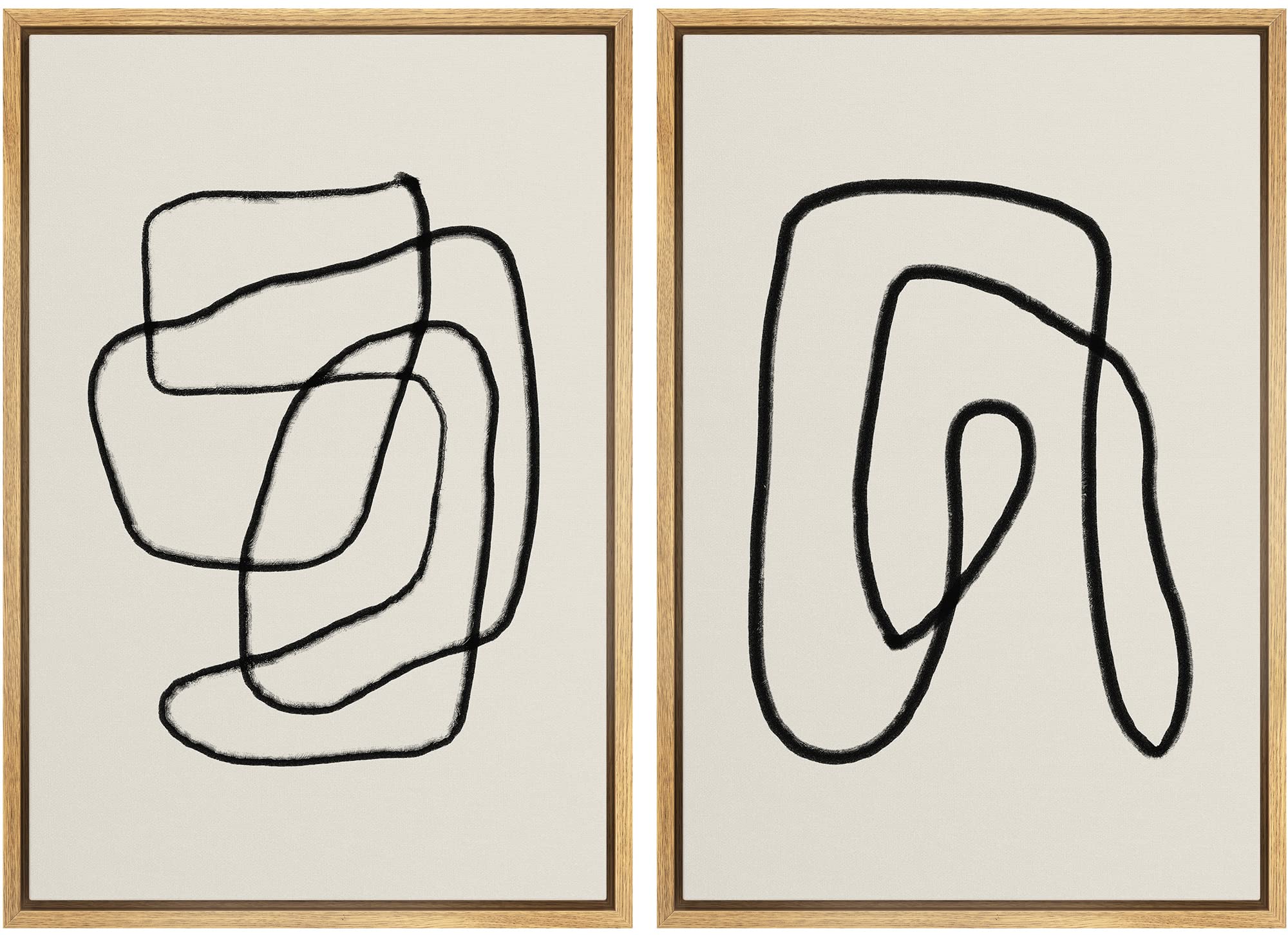 Signwin Framed Wall Art Print Set Black Lines Over Tan Plain Background Abstract Swirly Cozy Neutral Modern Art Mid-Century Mode