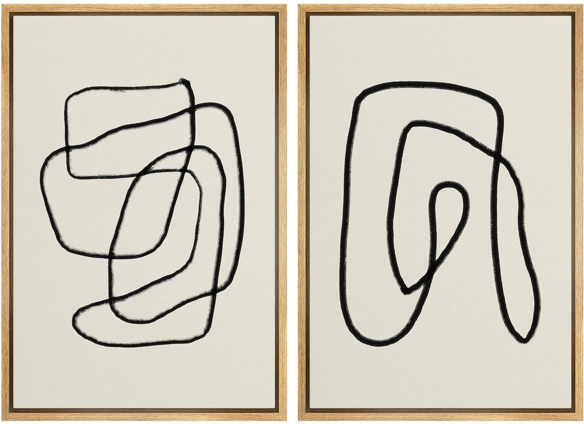Signwin Framed Wall Art Print Set Black Lines Over Tan Plain Background Abstract Swirly Cozy Neutral Modern Art Mid-Century Mode