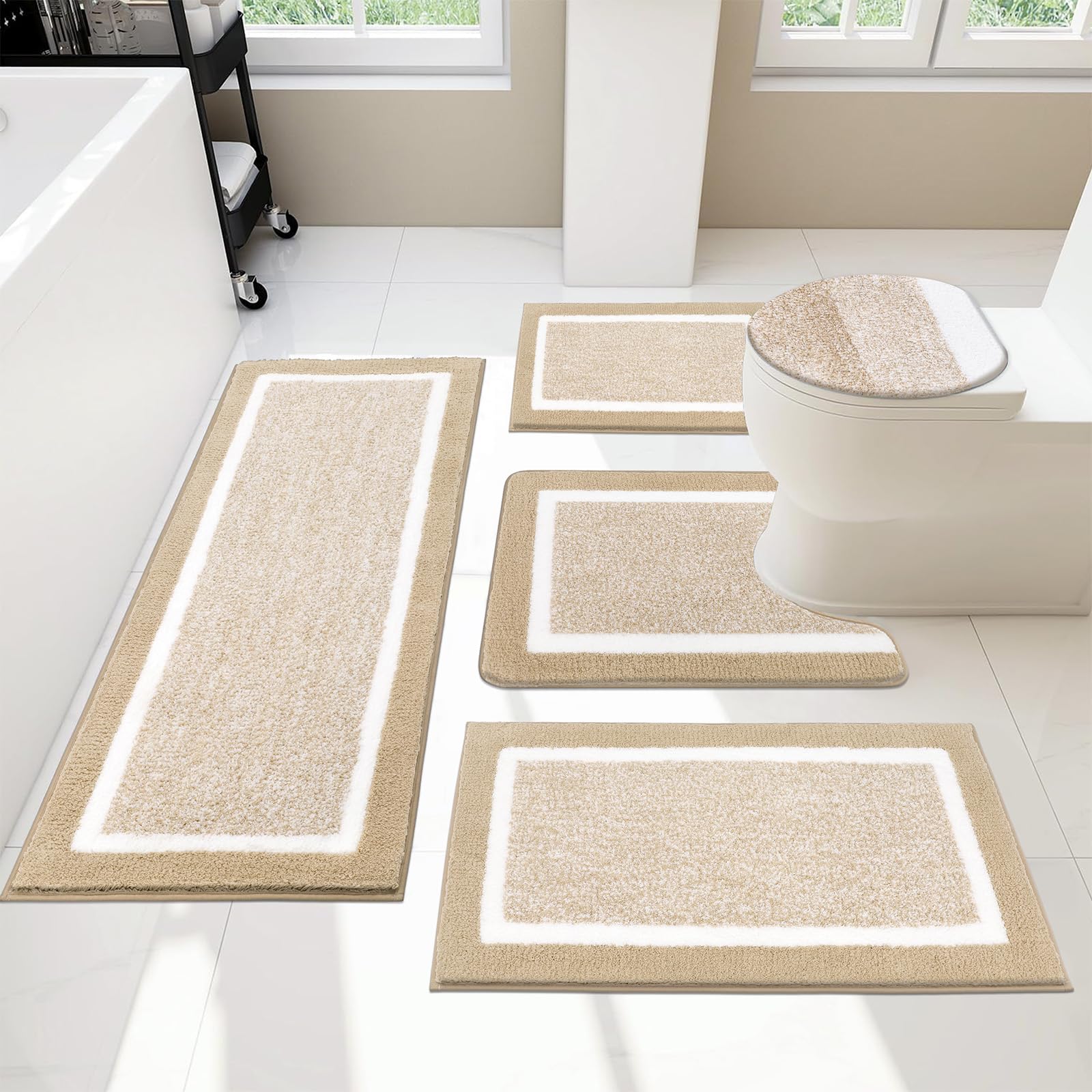 Pauwer Bathroom Rugs Sets 5 Piece With Lid Cover Bathroom Shower Rugs With U-Shaped Contour Toilet Mat Absorbent Microfiber Plus