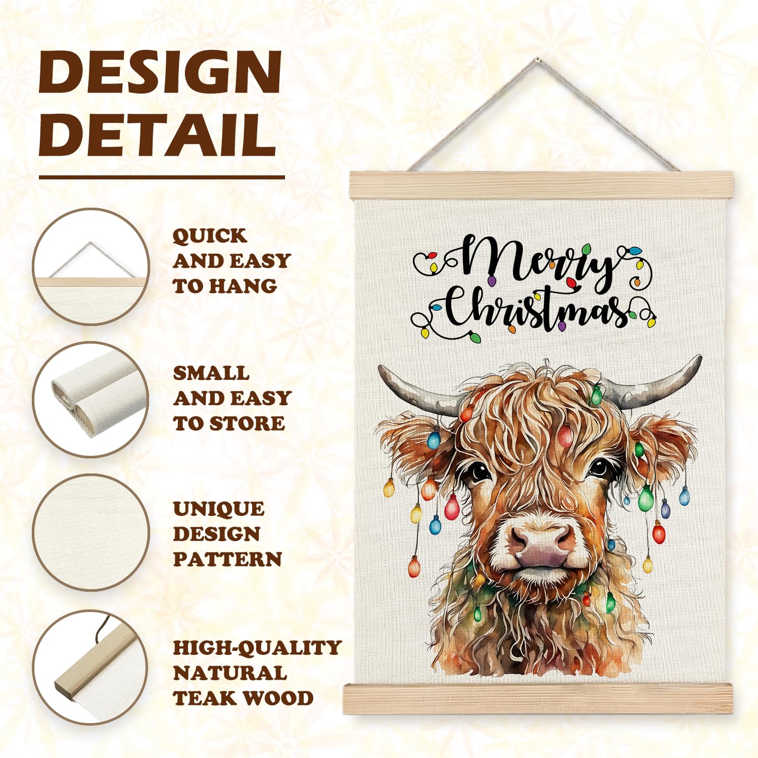 Luvadian Christmas Highland Cow Wall Art With Wooden Poster Hanger, Merry Christmas Wall Decorations, Highland Cow Wall Decor, C
