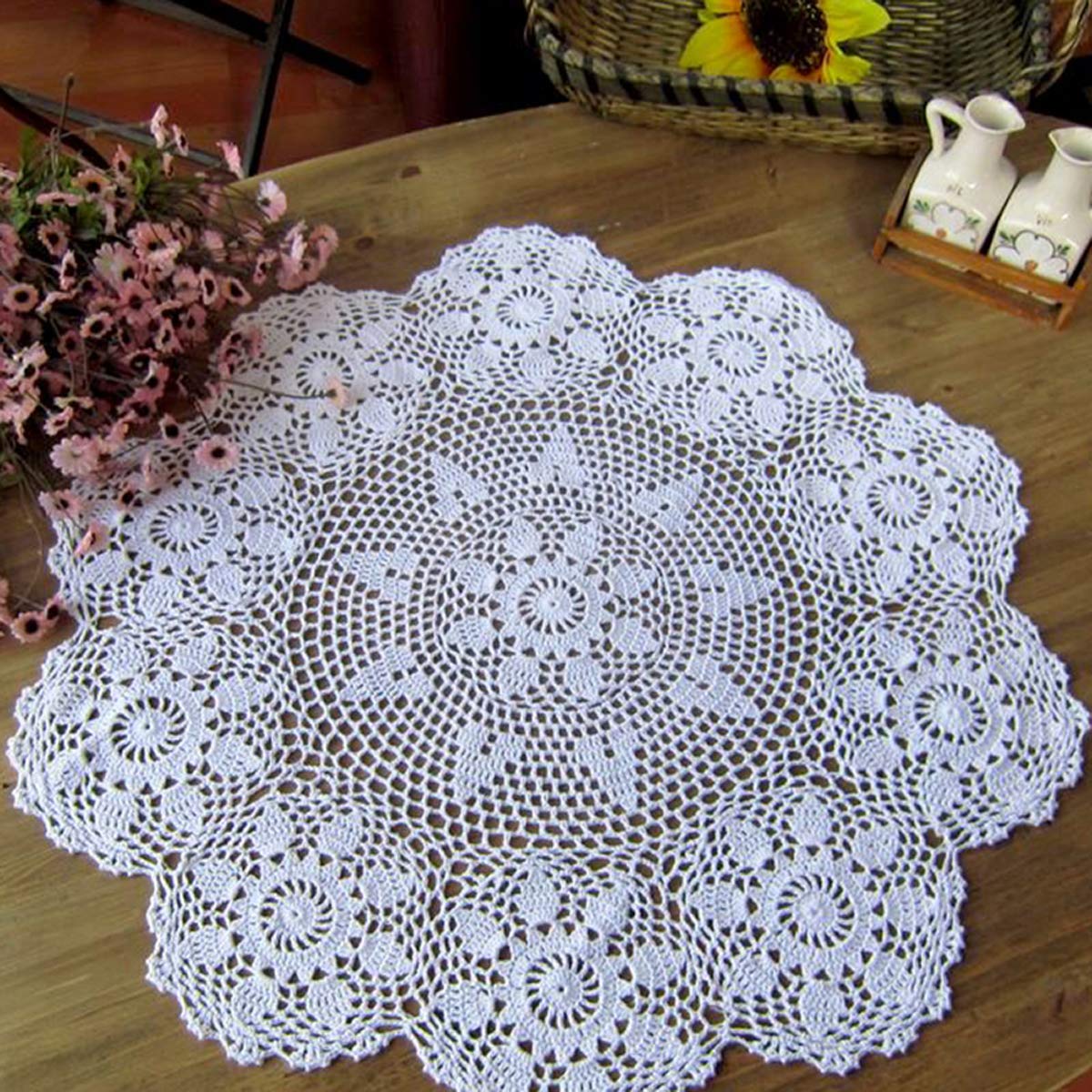 Janef White Handmade Crochet Cotton Table Cloth Lace Doilies Round Lace Tablecloths 35 Inches.