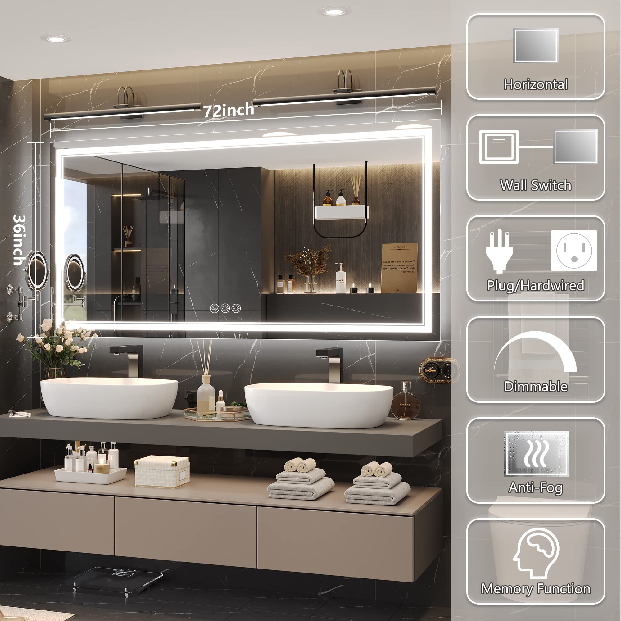 Ratsamee 72X36 Inch Led Mirror For Bathroom With Front Light And Backlit, Dimmable Anti Fog Wall Bathroom Mirror With Led Lights