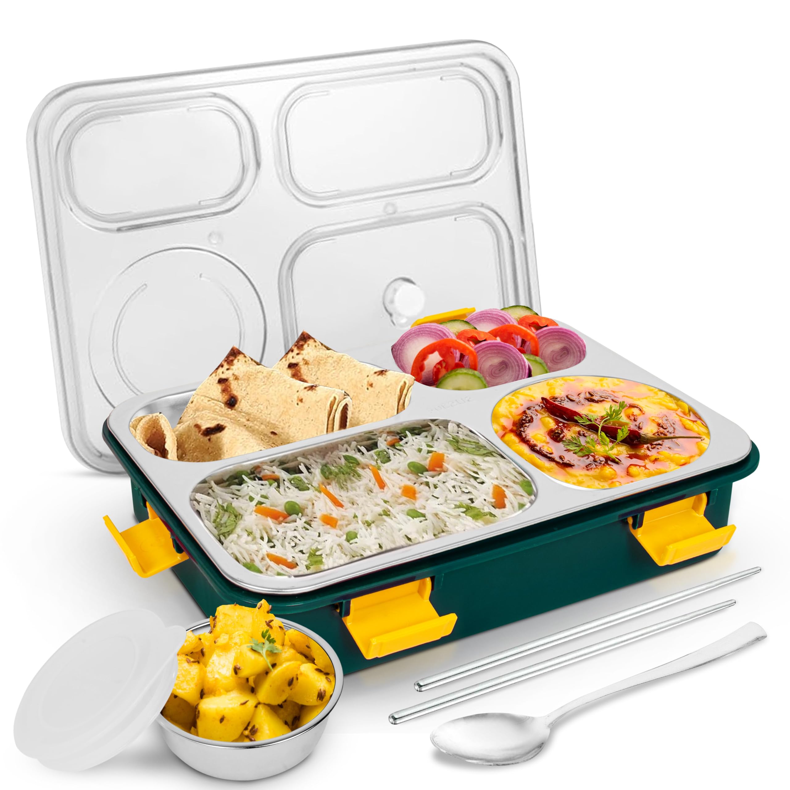 Tekcool Lunch Box For Adults - Lunch Box For Kids With Spoon & Fork - Stainless Steel Lunch Box With 4 Compartment - Durable Per