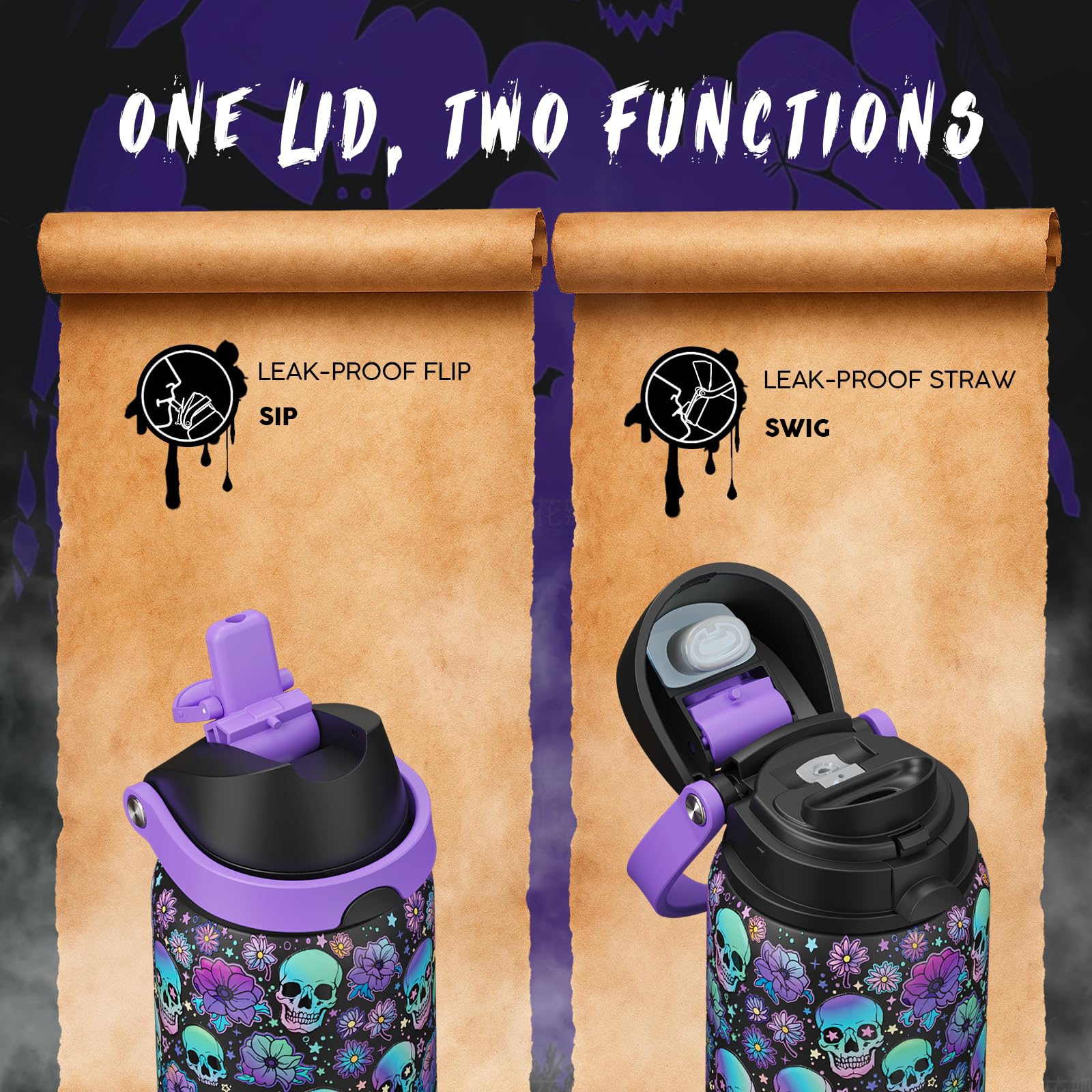 Halloween Insulated Water Bottle with Straw - Stainless Steel Water Bottle with Push Button Lid, Leak-Proof BPA-Free, Keeps Cold