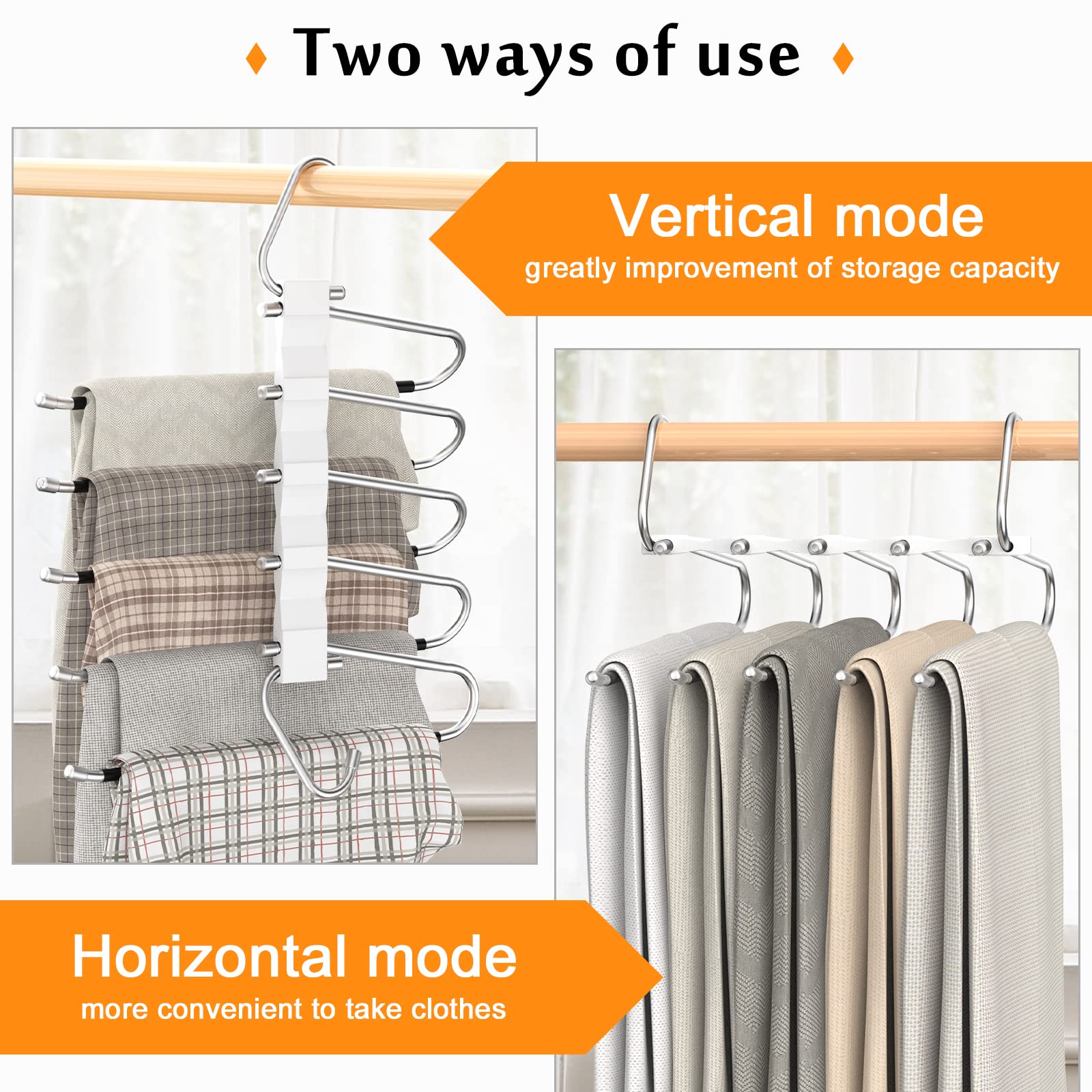 Loretoy 2 Pack Pants Hangers Space Saving, Anti-Slip Multi-Functional Pants Rack, Thickened Stainless Steel Tube With 10 Metal C