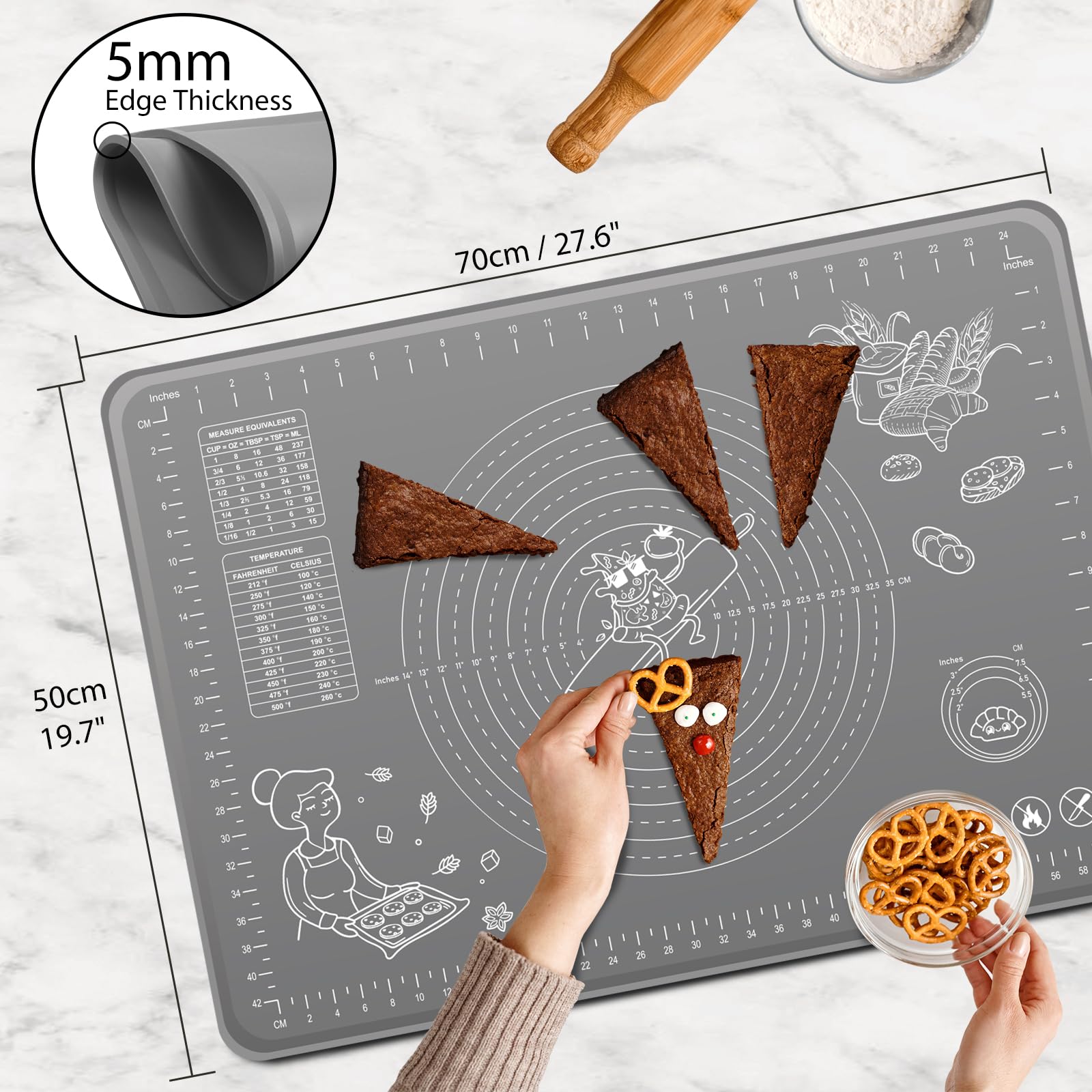 Silicone Pastry Mat Extra Thick Non-Stick Baking Mat, 28'' X 20'' Rolling Dough With Measurements Non-Slip Silicone Mat, Kneadin