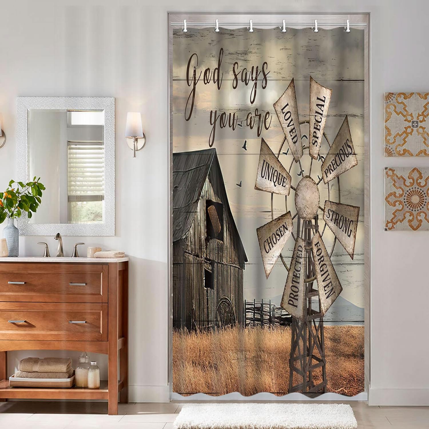 Jipusai Retro Inspirational Quotes Vintage Shower Curtain Sets For Bathroom,Western Windmill Barn Door Shower Curtains, Small Si