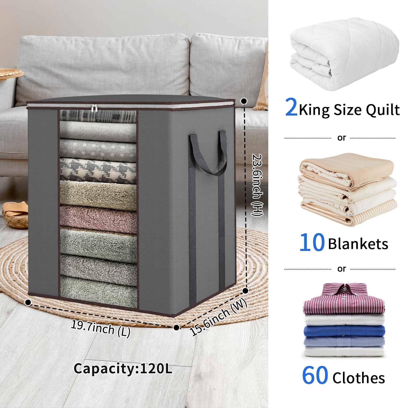 Fixwal Extra Large Blanket Storage Bags 120L Comforter Storage Bags with Reinforced Handles Breathable Clothes Storage Container