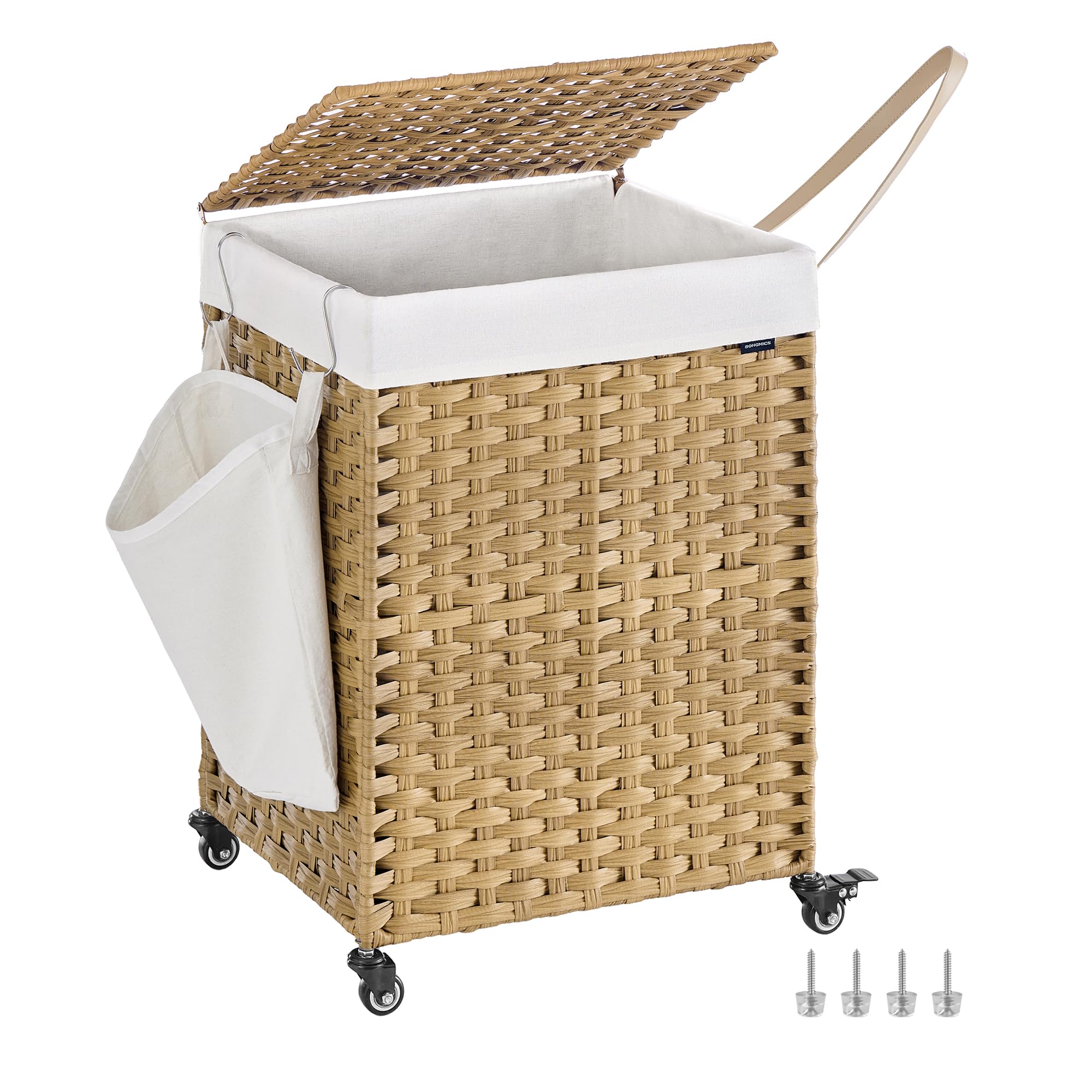 Songmics Laundry Hamper With Lid, 31.7 Gallons (120 L), Rolling Laundry Basket With Wheels, Synthetic Rattan, Removable Liner, B