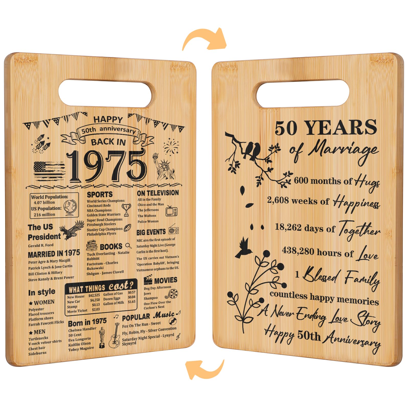 50th Wedding Anniversary for Women Men,Back In 1975&50 Years of Marriage Double sided Cutting Board Gift for Her Him,best 50 yea