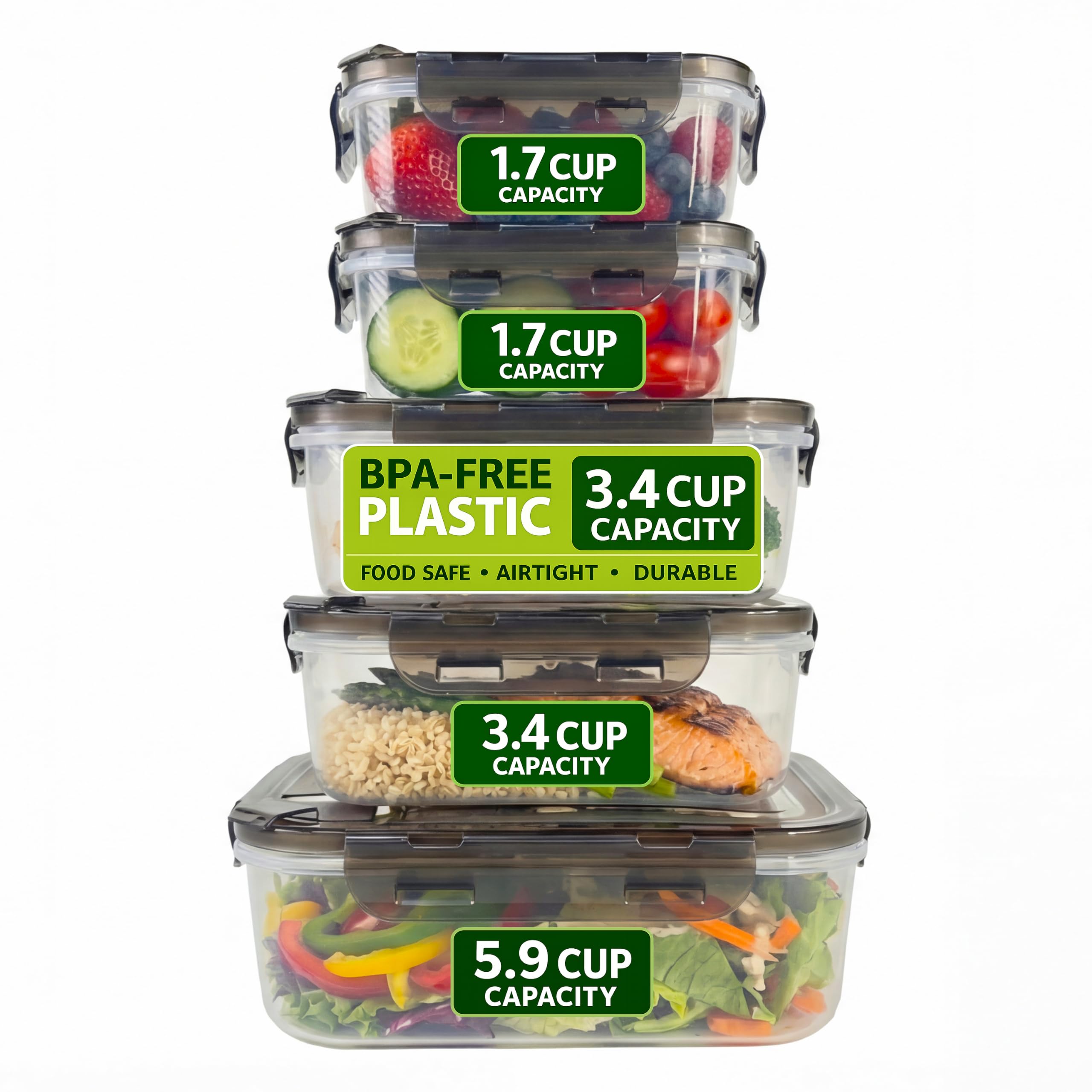 Clutterix Food Containers with Lids Leakproof  5 Pack Assorted Sizes