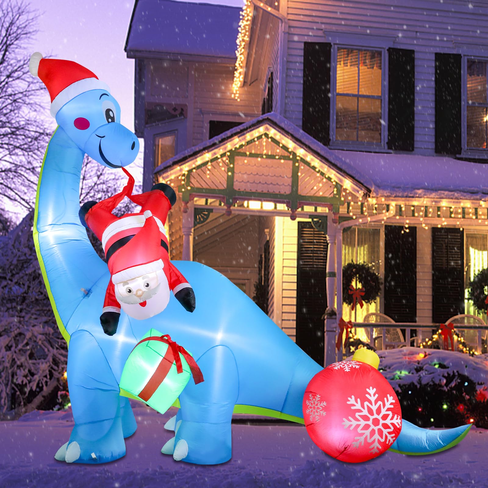 MUMTOP 10 FT Christmas Inflatables Giant Dinosaur with Santa, Blow Up Outdoor Decorations with LED Lights Built-in for Holiday P