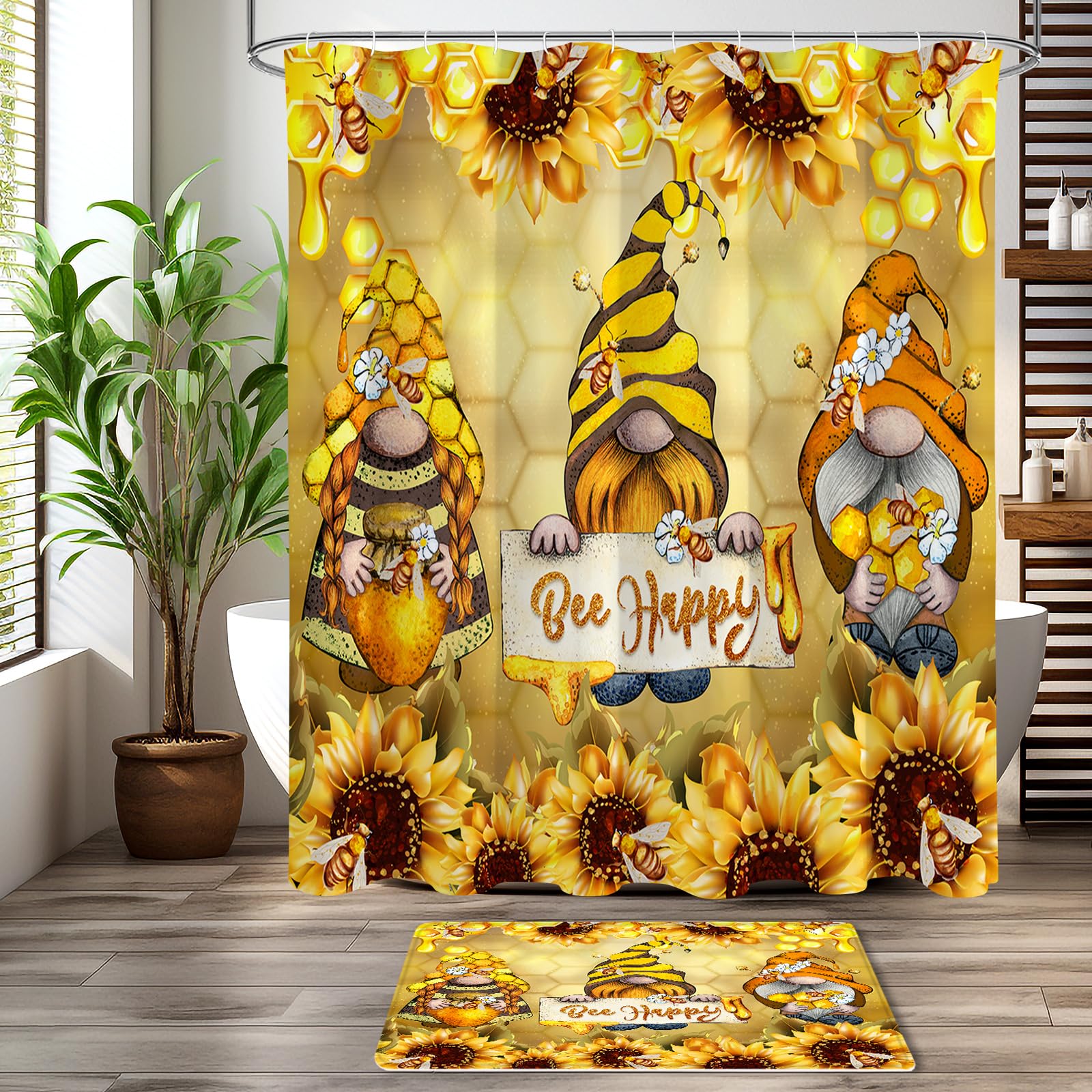 Litabel 4 Pcs Autumn Gnomes Shower Curtain Set With Non-Slip Rugs, Toilet Lid Cover And Bath Mat, Farmhouse Country Bathroom Dec
