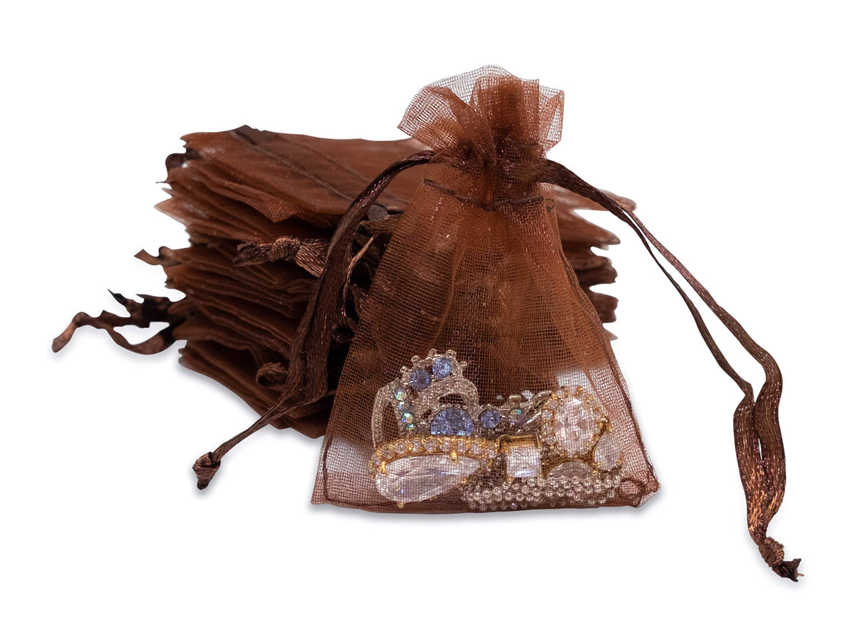Thedisplayguys 100-Pack Xs 2 X 2 3/4'' Brown Sheer Organza Gift Bags With Drawstring, Jewelry Candy Treat Wedding Party Favors M