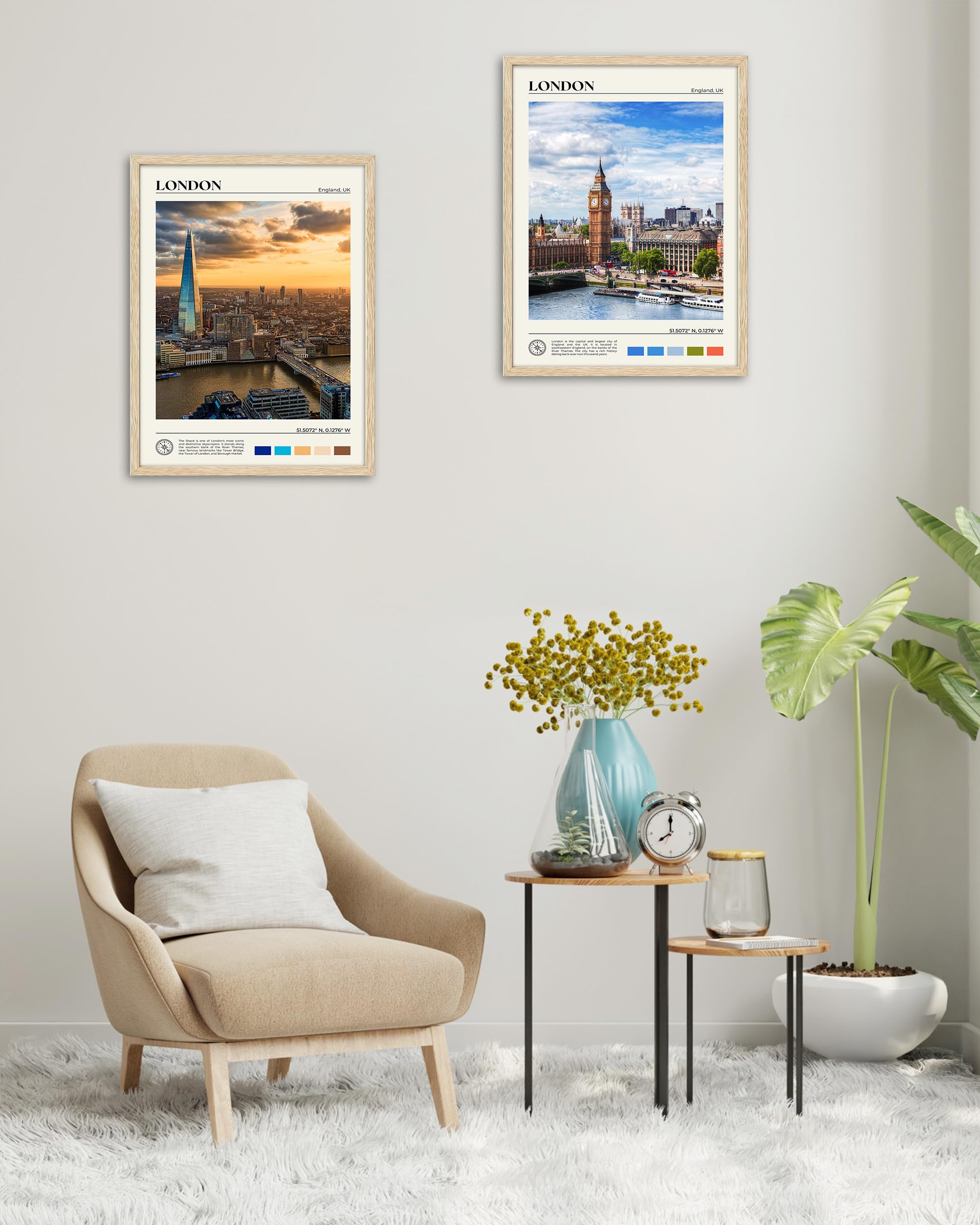 Hesendot Natural Oak Wood Framed London City Wall Art,12X16In Shard Landscape Canvas Wall Print Poster,Classic Urban Landmark Wa