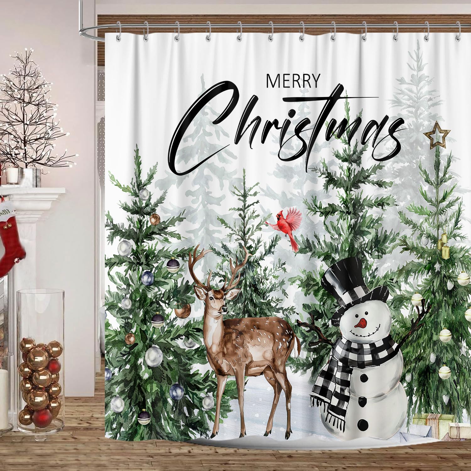 Farmhouse Christmas Forest Shower Curtain Set, Rustic Winter Woodland Snowy Snowflake Snowman Green Pine Tree Deer Cardinal Deco