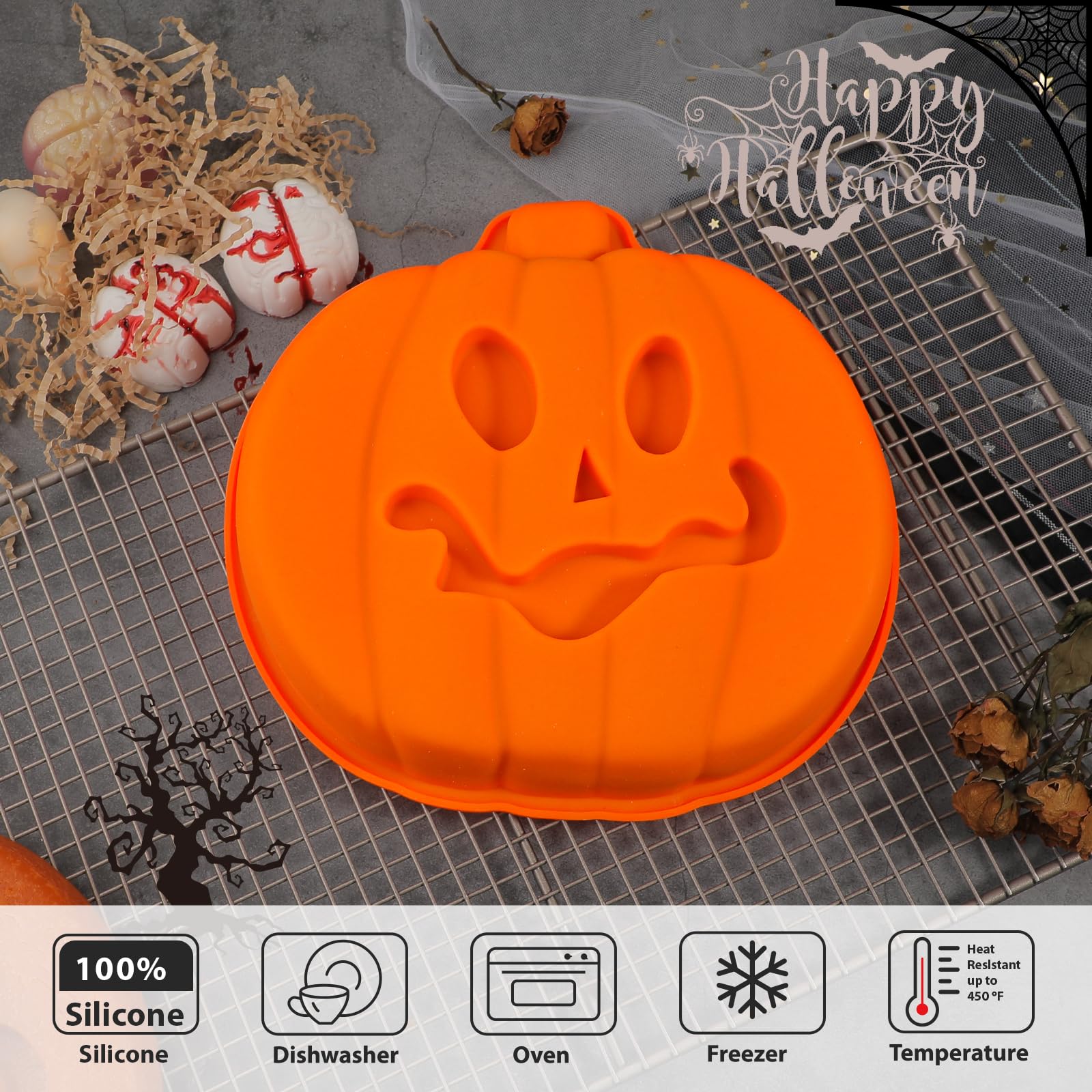 Webake Pumpkin 8 Inch Cake Pan Silicone Jack-O-Lantern Mold 3D Pumpkin Shaped Cake Mold Large, Halloween Baking Pan, Trick Or Tr