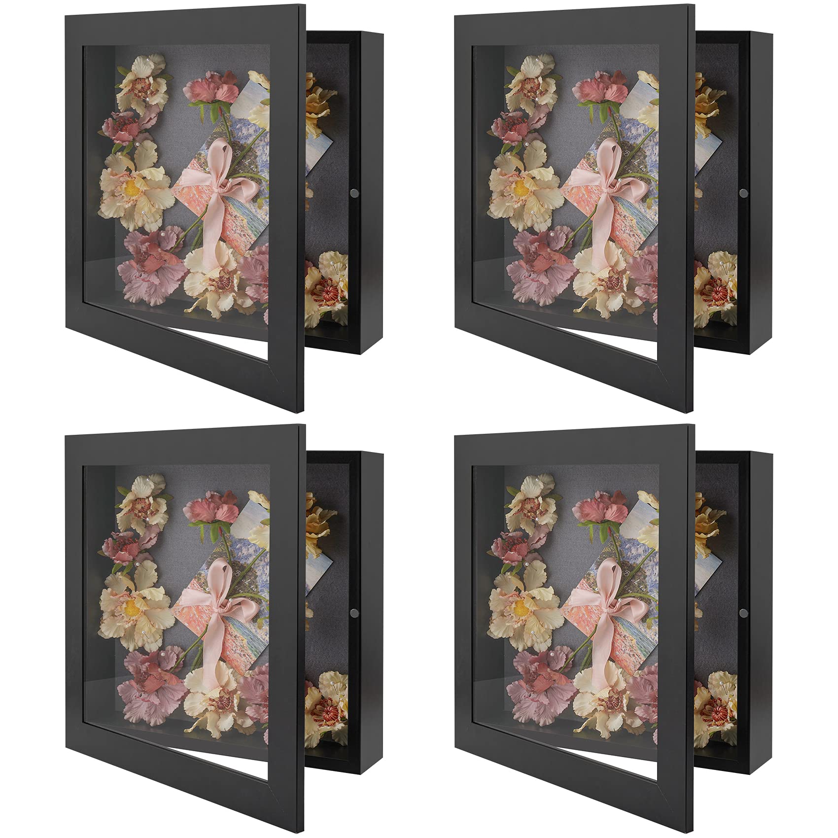 Golden State Art, 11x11 Shadow Box Frame Display Case, 2-inch Depth, Great for Collages, Collections, Mementos (Black, 4 Pack)
