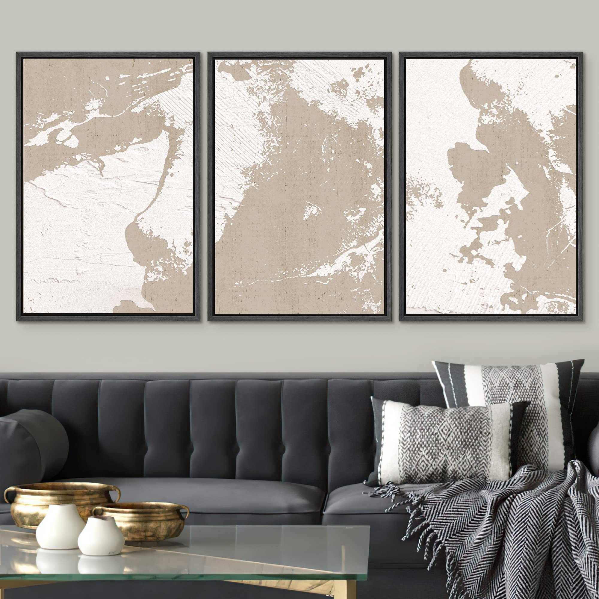 Signwin Framed Canvas Print Wall Art Set Pastel Tan Pain Stroke Variety Abstract Shapes Illustrations Modern Art Decorative Nord