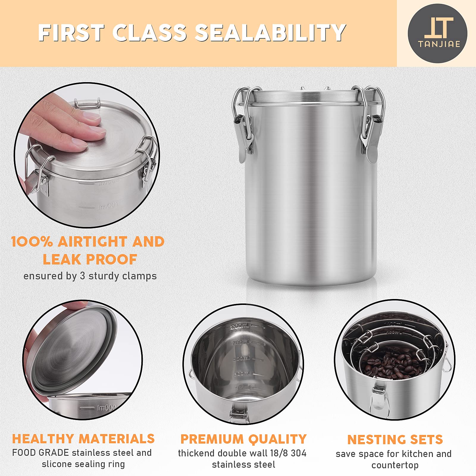 Tanjiae Compact Stainless Steel 100% Airtight Canisters Sets for Small Kitchens | Metal Food Storage Containers with Lids Sealed - Keep Flour  Sugar  Coffee  Tea Fresh for Months (18+35+56 fl oz)
