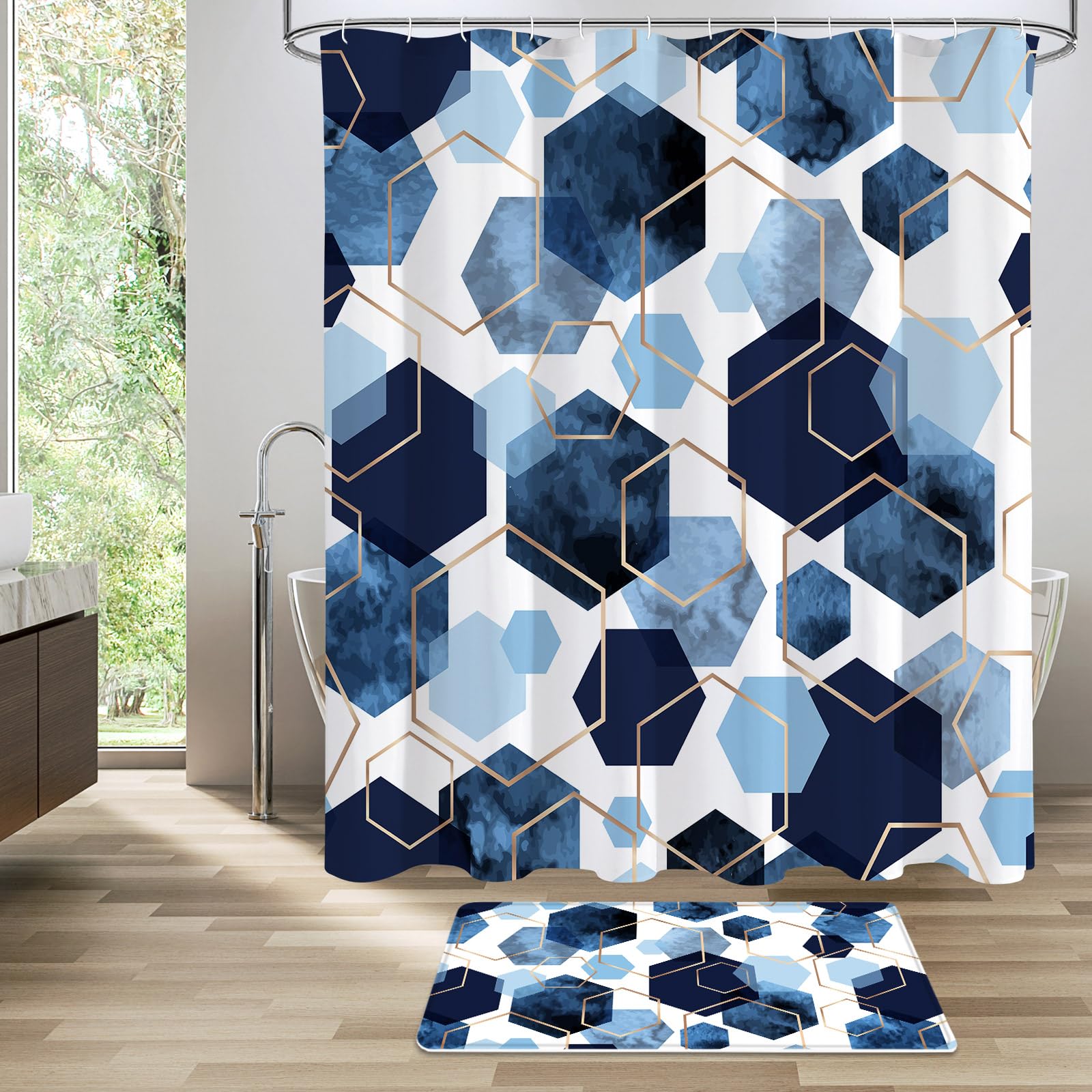 Litabel 4 Pcs Navy Blue Modern Geometric Shower Curtain Set With Non-Slip Rugs, Toilet Lid Cover And Bath Mat, Abstract Bathroom