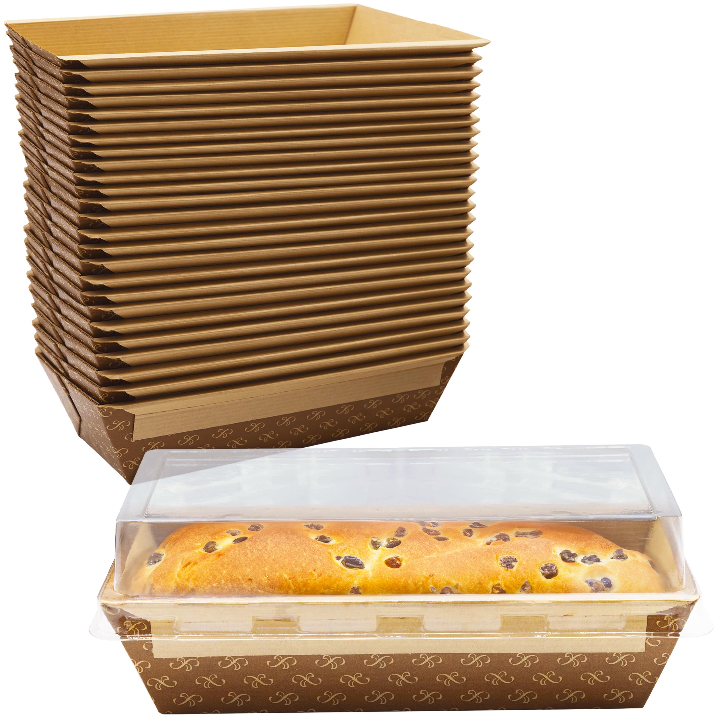 ChefGrade 1Lb Paper Loaf Pans w/Lids 25 Pk. Elegant Disposable Bakeable Kraft Pan Supplies for Baking Bread, Small Meatloaf, Bu