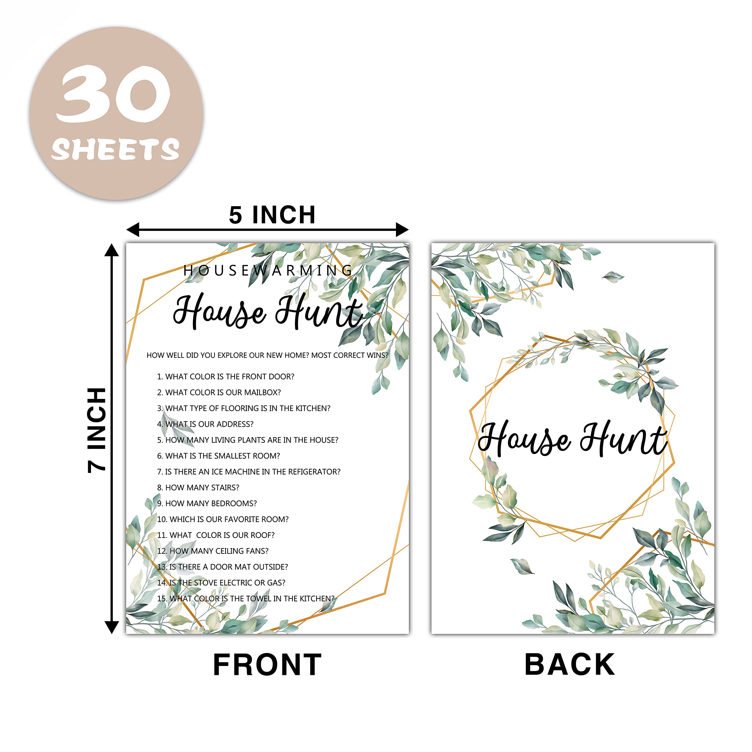 Housewarming Party Games, House Hunt, Greenery New Home, New House, New Homeowner Party Games Cards, 30 Sheets Each Pack