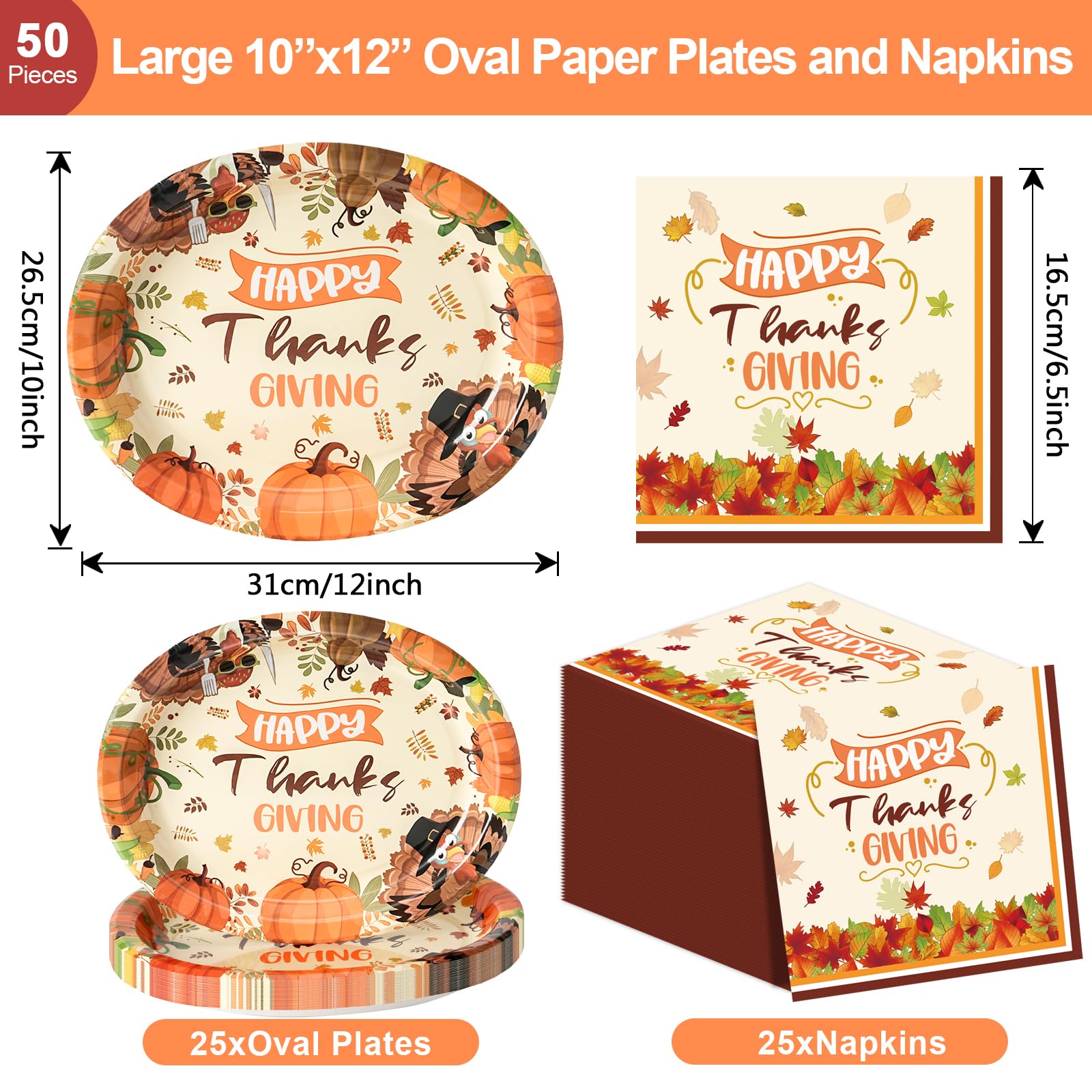 KTCNMER 50Pcs Thanksgiving Large 12 x 10 Oval Paper Plates and Napkins Disposable Heavy Duty Paper Plates and Napkins for Thanks