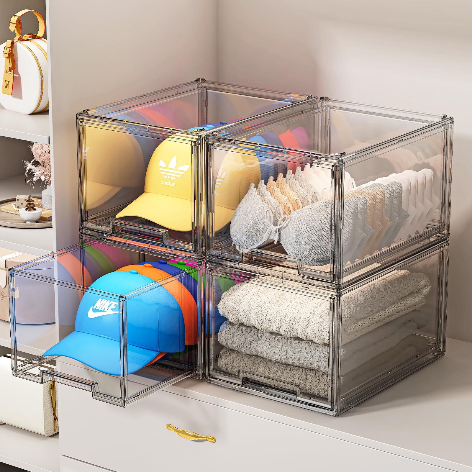 2 Pack Hat Organizer Box For Baseball Caps Organizer, Hat Organizer Box With Sliding Drawer, Hat Storage Organizer, Clear Drawer