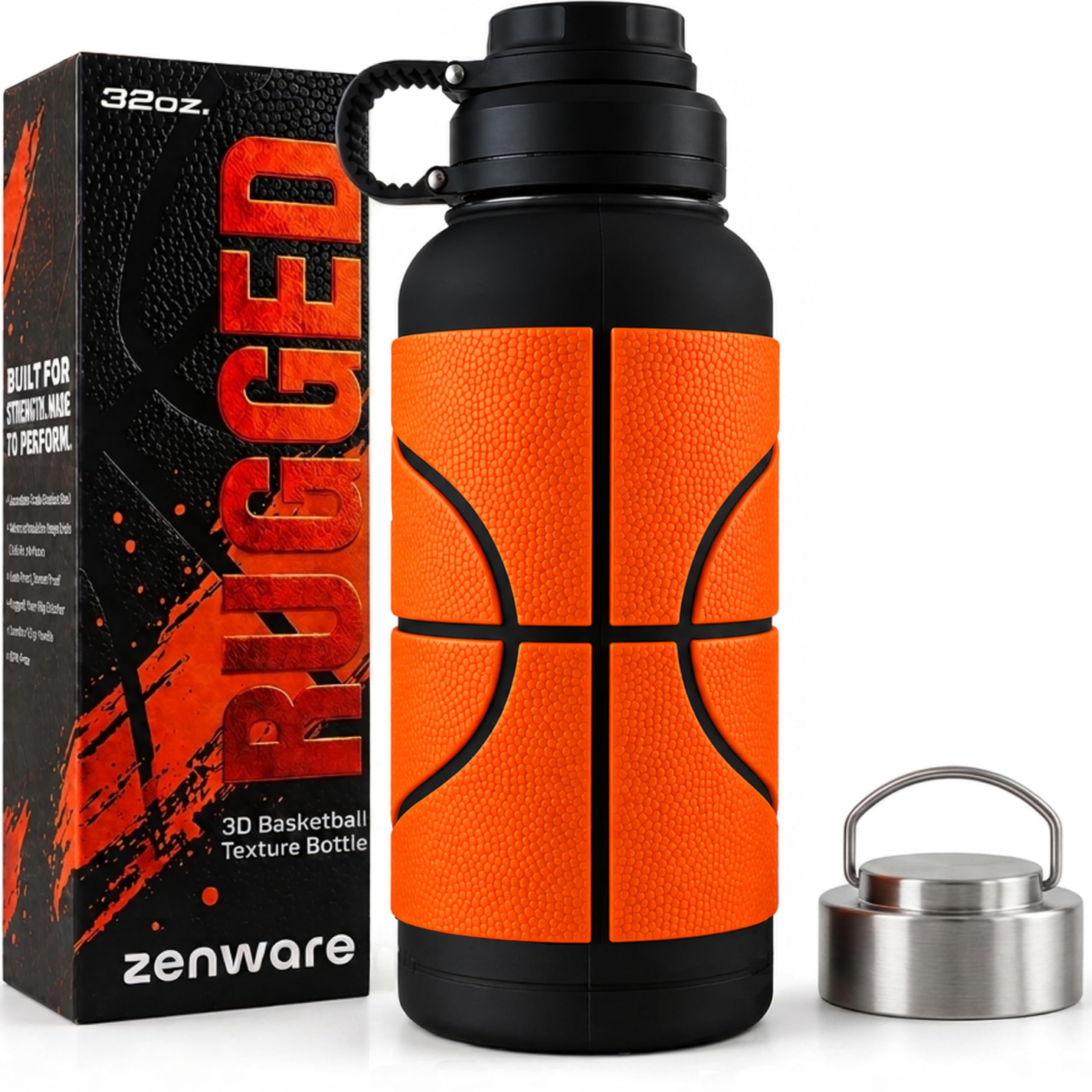 ZENWARE Basketball Water Bottle 32 oz | 3D Basketball RealFeel Grip | Drop & Scratch Silicone Protection | Insulated Stainless 