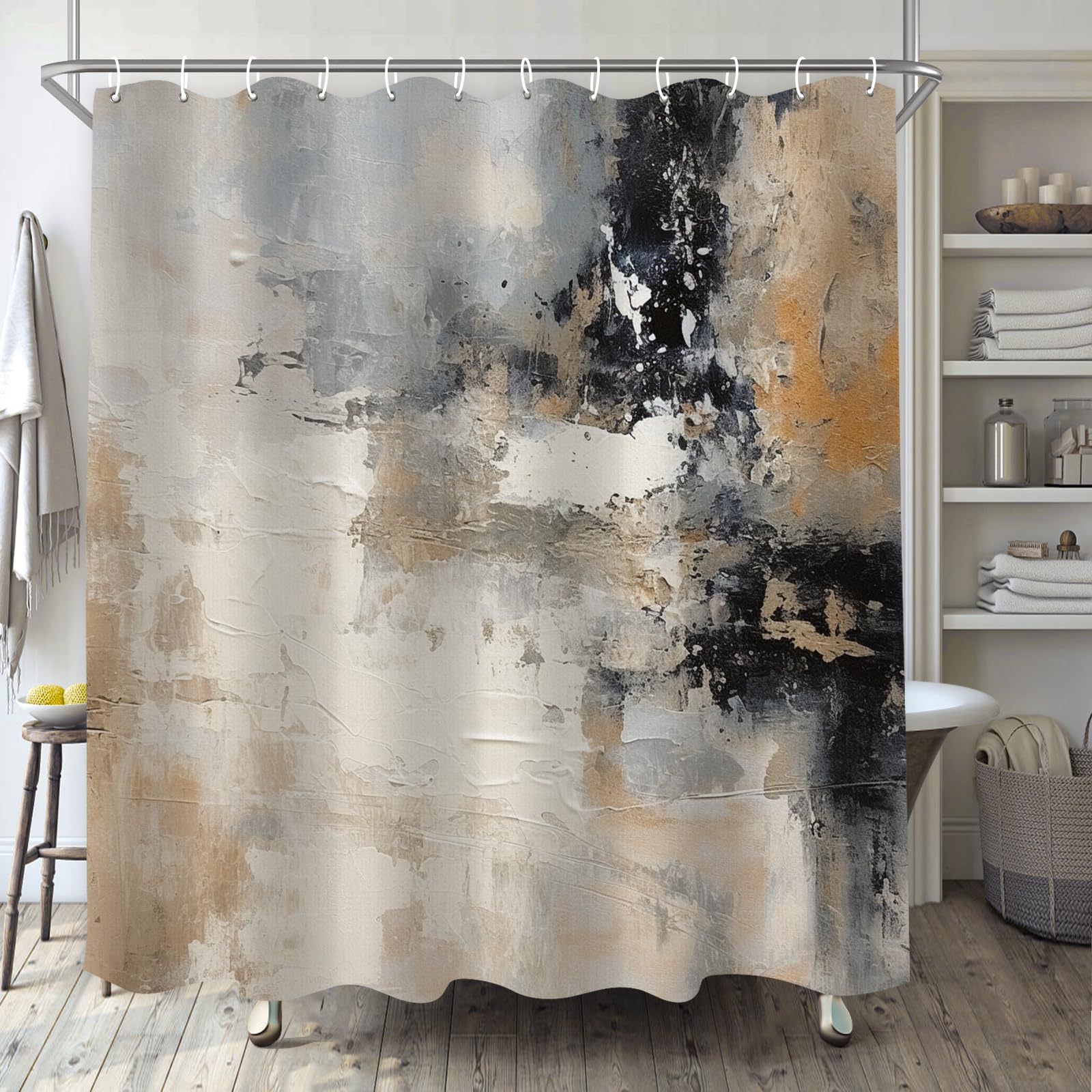 Tiyaandsy Oil Painting Abstract Shower Curtain For Bathroom, Brown Black Grey White Reflection Boho Shower Curtain Set, Brush St