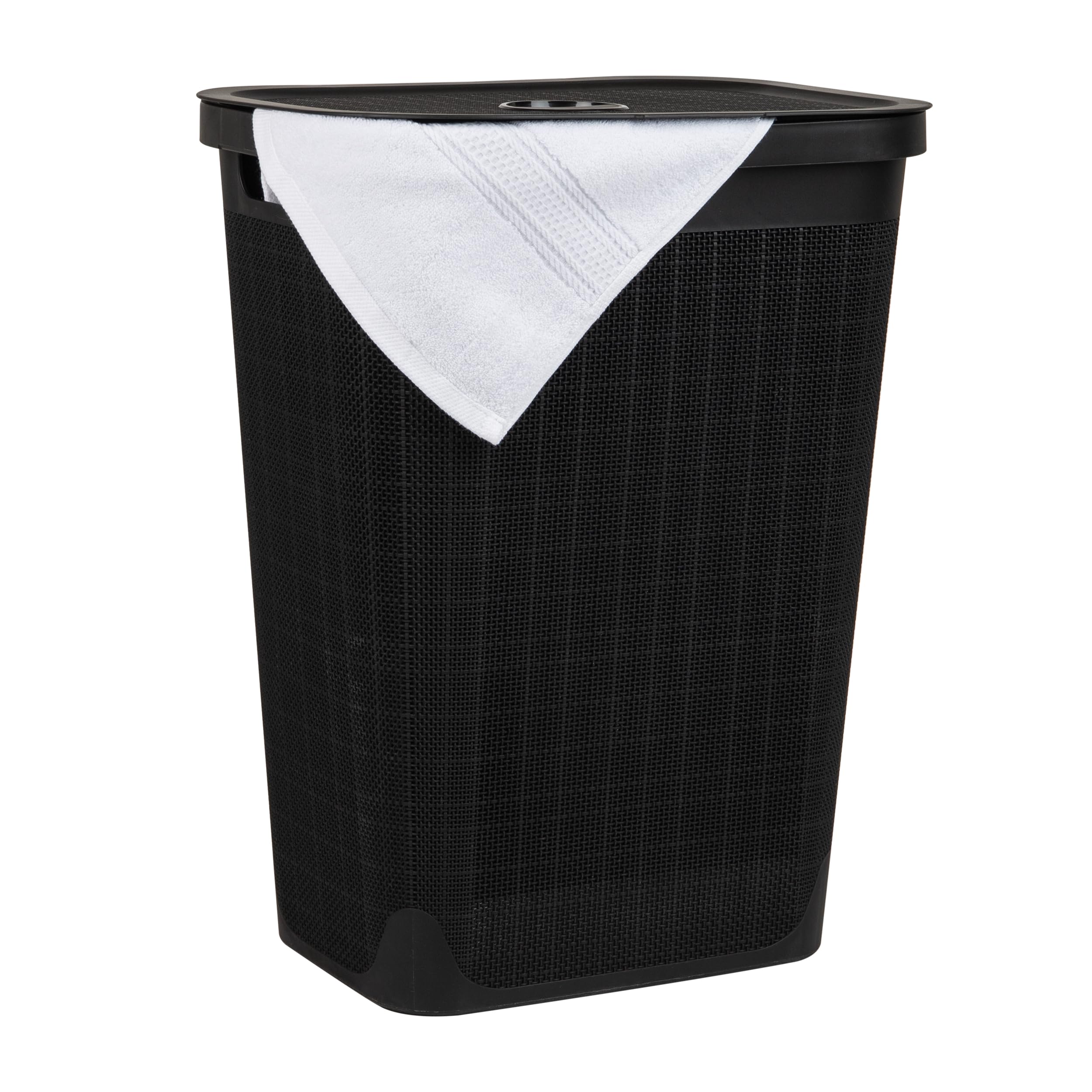 Mind Reader 60L Slim Laundry Hamper, Clothes Basket, Lid, Linen Design, Plastic, 18.25   L X 14.25   W X 23.5   H, Black