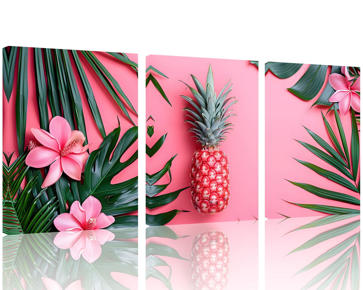 Tutubeer 3 Pcs Tropical Pictures Tropical Palm Leaves And Pink Pineapple Flower Picture Tropical Wall Art Canvas Green And Pink