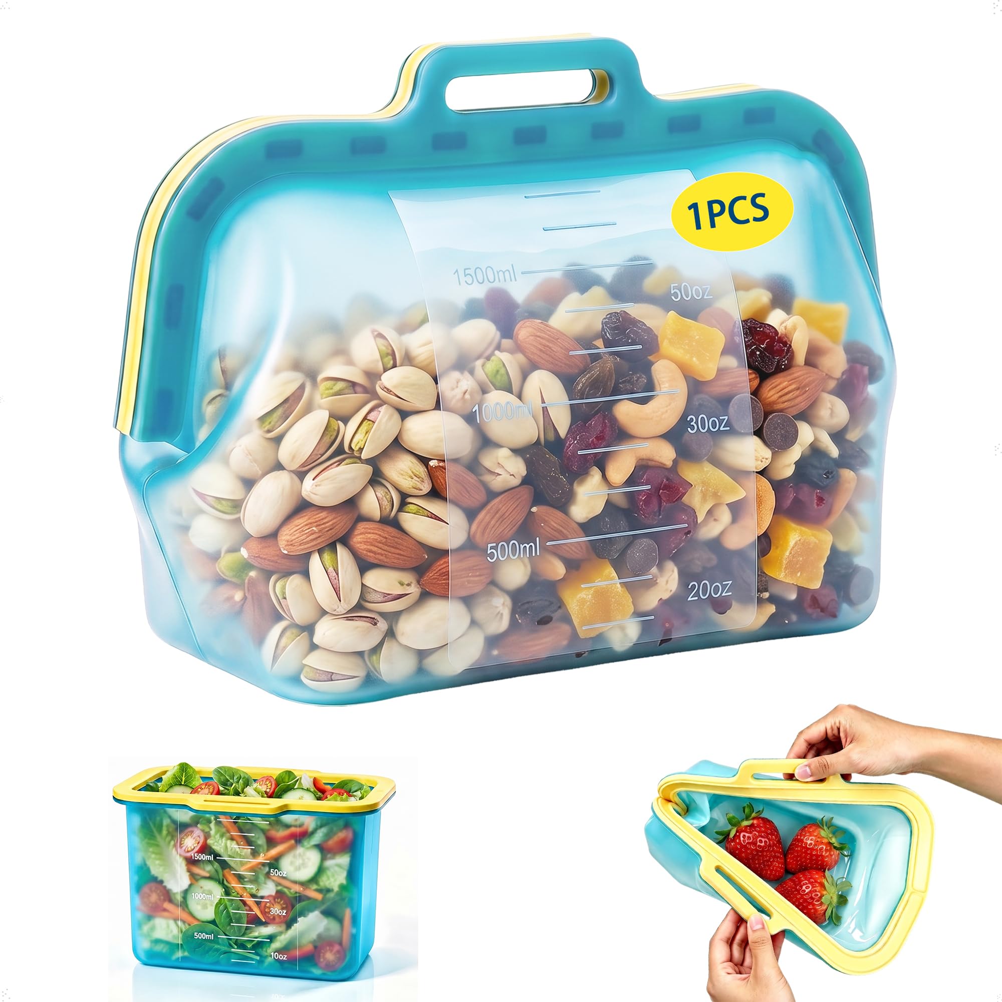 Reusable Silicone Food Storage Bags, No Harsh Smells, 6Cup / 50 oz StandUp Pouch with AutoClosing Magnetic Seal, for Lunch, F