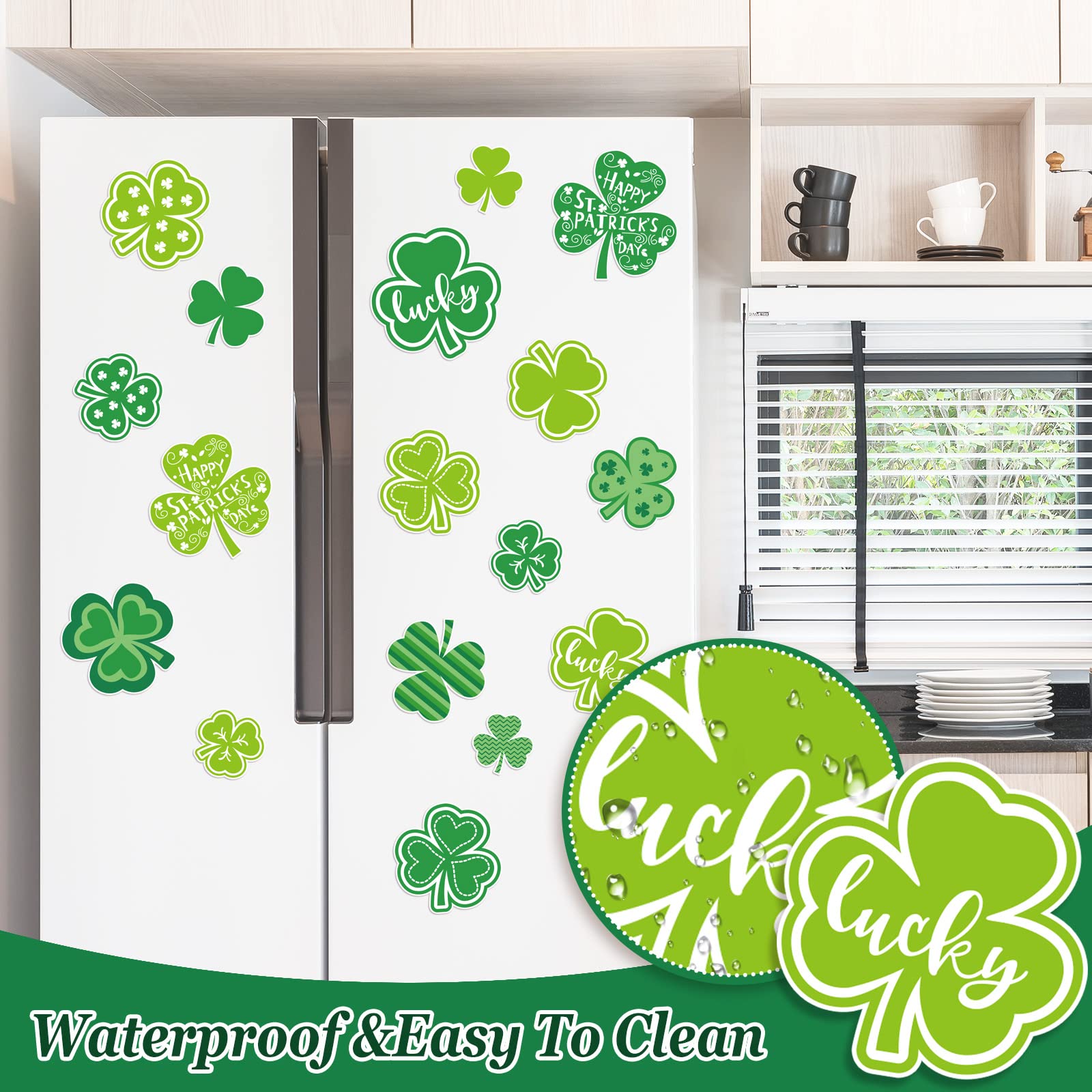 Whaline 17Pcs St. Patrick's Day Green Shamrock Refrigerator Magnets - Lucky Clover Decorative Stickers for Fridge, Car, Locker, and Office Decor