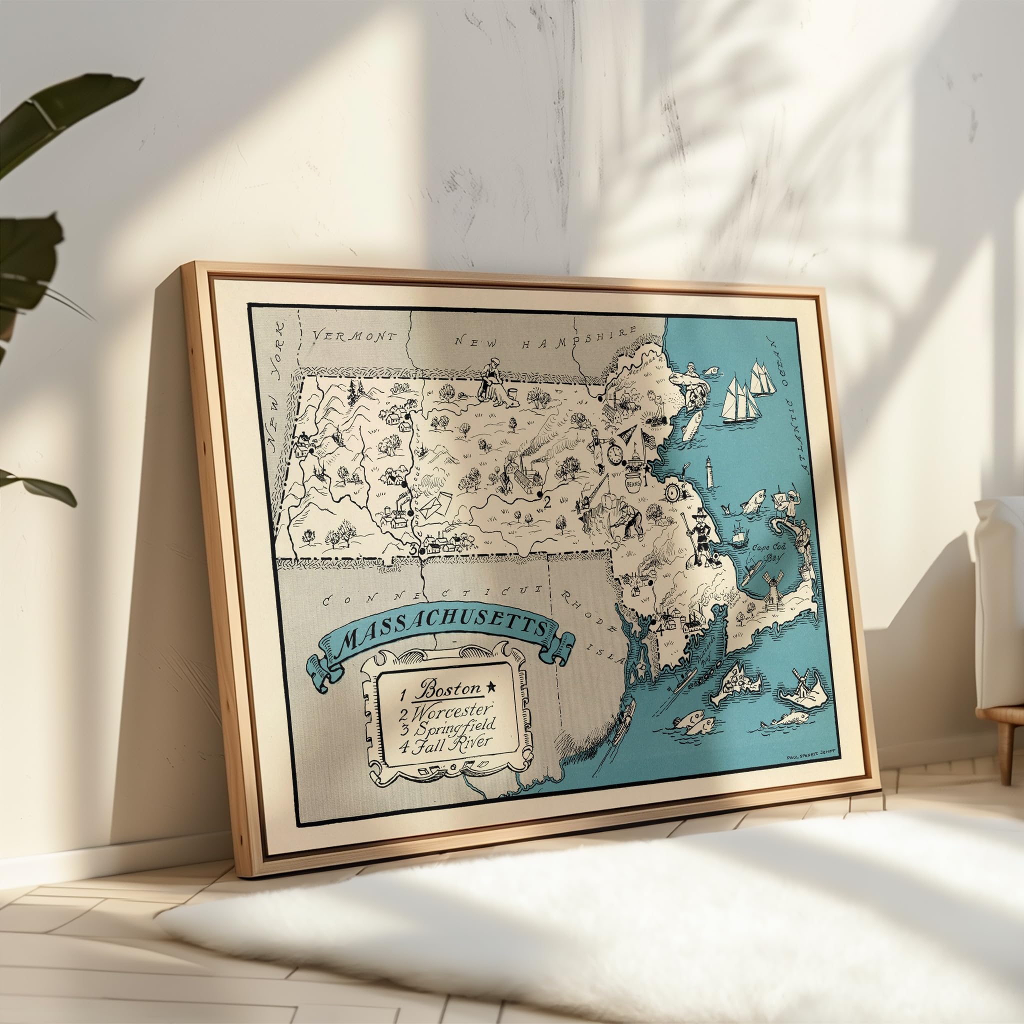 Poster Master Vintage Map Poster - Retro Massachusetts Map Print - Massachusetts State Map Art - Gift For Teacher, Student, Trav
