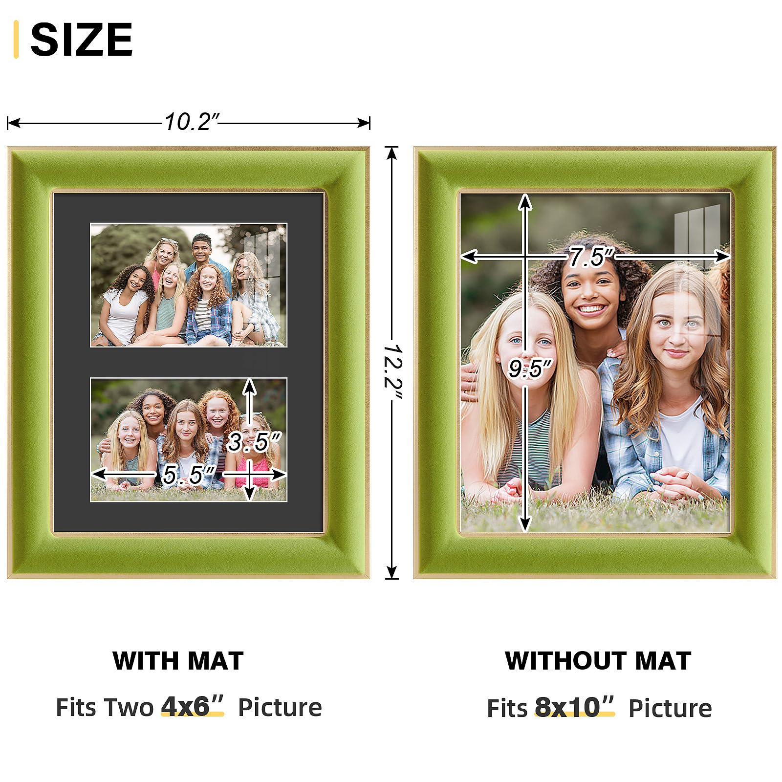 KSROECUD 8x10 Velvet Picture Frame with 2 Opening 4x6 Picture, HD Real Glass Light Green Velvet Photo Frame with Black White Bor