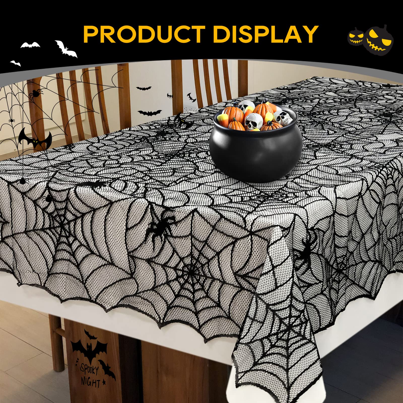 Ezakka Halloween Table Cloth, 60''X104'' Spider Webs Tablecloths Black Tablecloth Lace Fabric Table Cloths Spooky Table Cover Fo