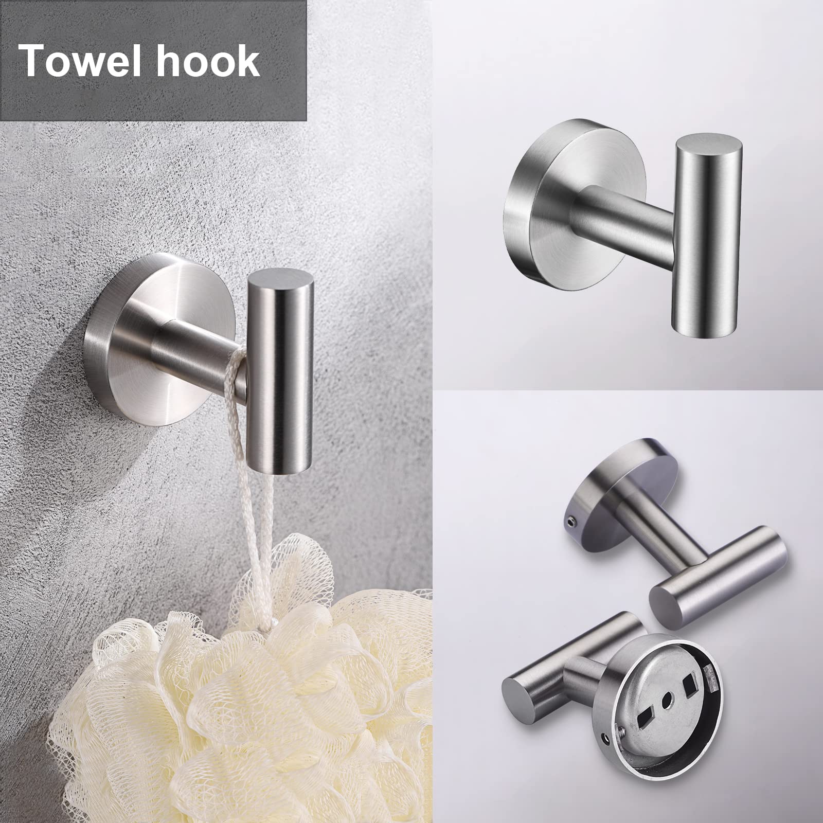 5 Pieces Brushed Nickel Bathroom Hardware Set Include 16Inch Towel Bar,2Pcstowel Hooks,Toilet Paper Holder,Hand Towel Ring Round