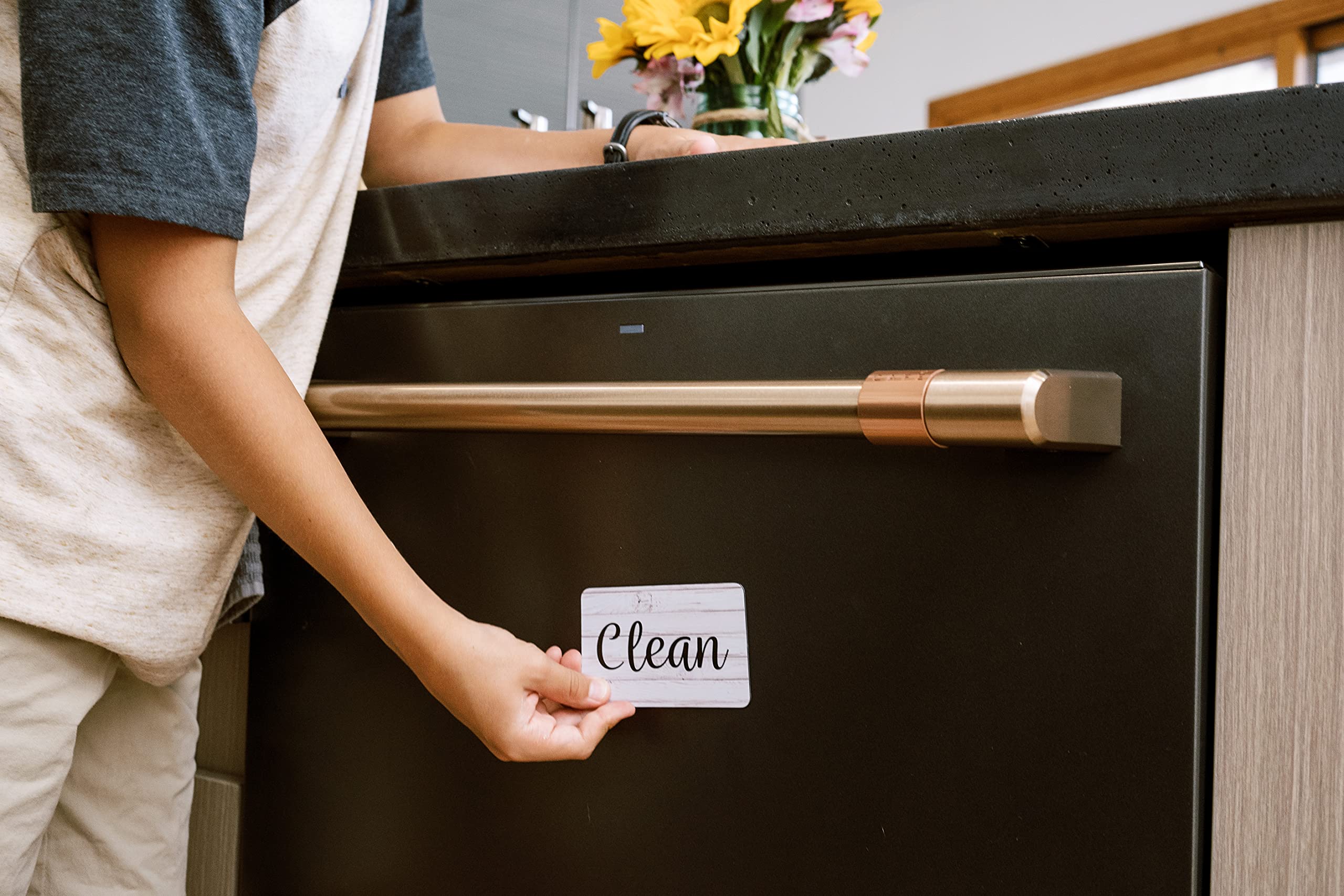 Dark Brown Wood Clean Dirty Magnet For Dishwasher, Reversible Dishwasher Magnet Clean Dirty Sign, Double Sided Strong Kitchen Fl