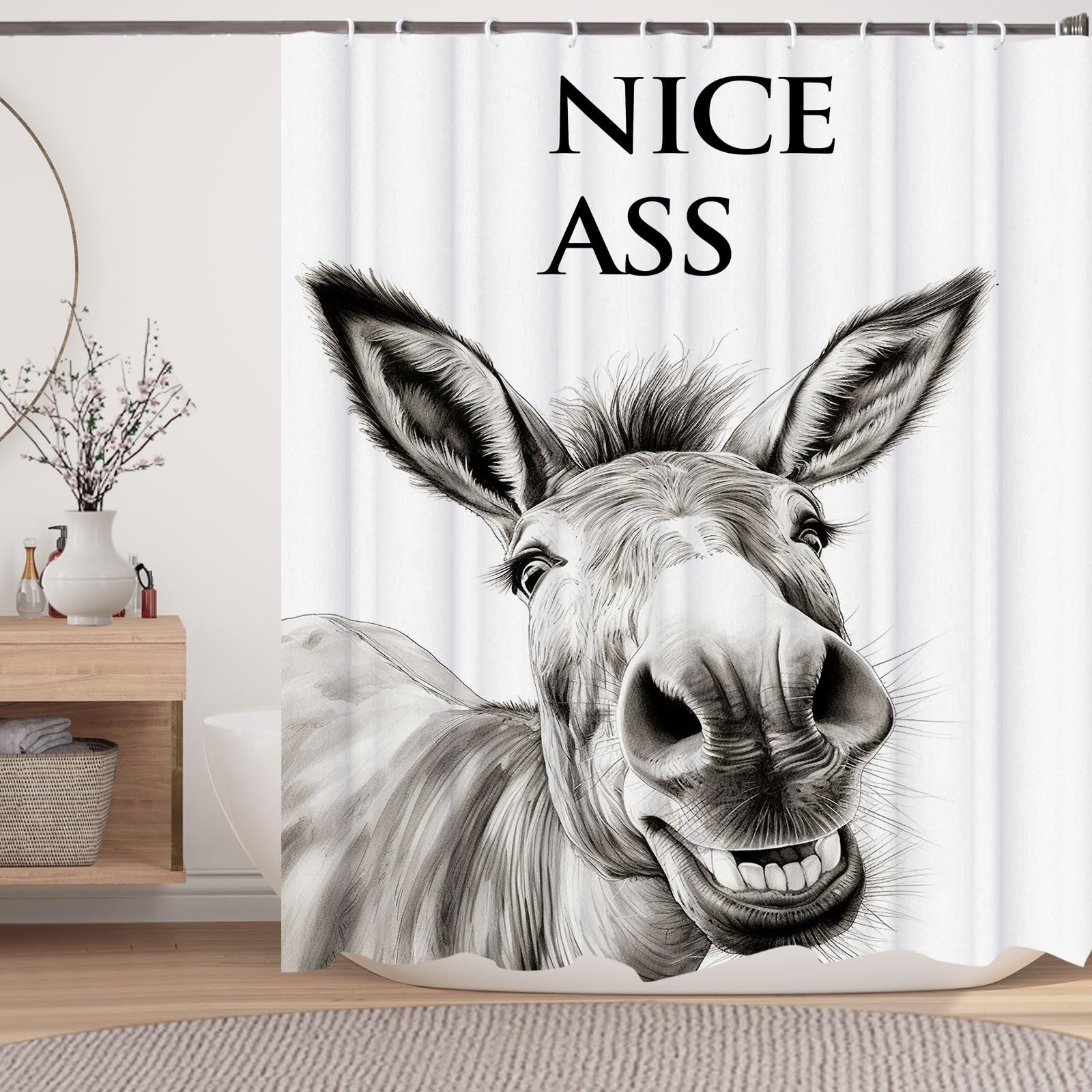 Lkfbsc Funny Donkey Shower Curtain, Black And White Farmhouse Animal 60X72 Shower Curtain Set, Gray Style Bathroom Decor Curtain