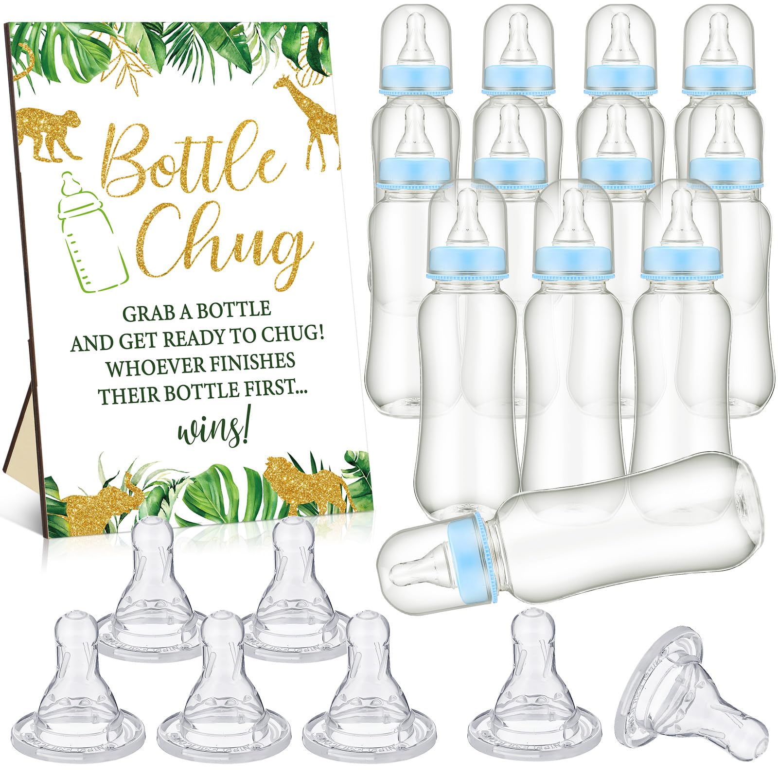 Safari Cool Baby Shower Games Bottle Chug Sign Wooden Jungle Animals Theme Baby Gift Sets Gender Reveal Party Favors And 12 Pcs