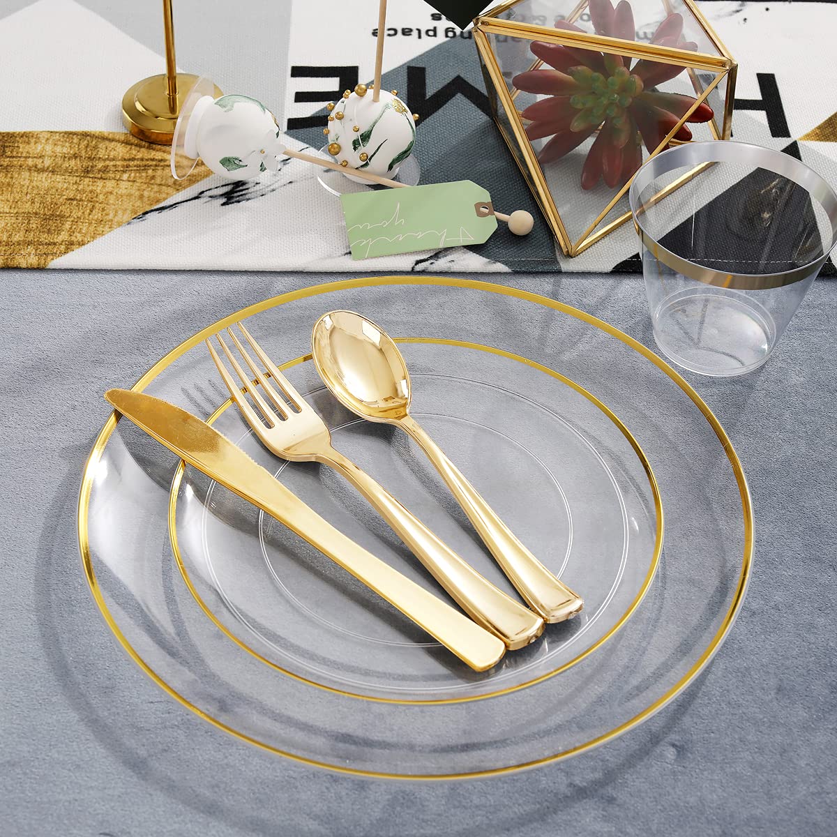 LIYH 60pcs Clear Plastic Plates and Gold Trim Disposable Plastic Plates Heavty Duty Includes:30 Dinner Plates 10.25'' and 30 Dessert Plates 7.5'' Clear and Gold Plastic Plates Plastic Holiday Plates
