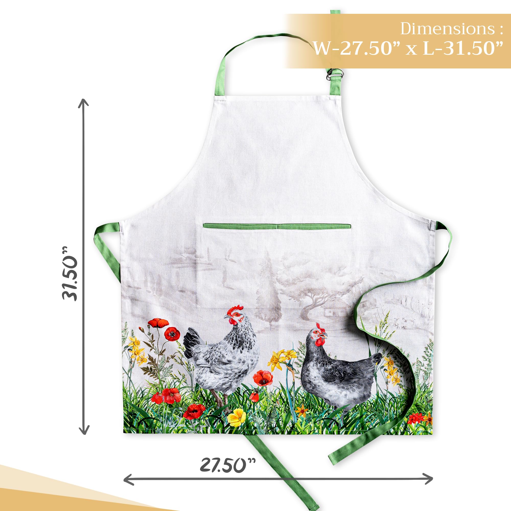 Maison d ' Hermine Apron 100% Cotton 27.50 Inch x 31.50 Inch 1 Piece Adjustable Neck Strap Cloth Apron with Center Pocket & Long Ties for Gifts  Women & Men  Basse Cour - Spring/Summer