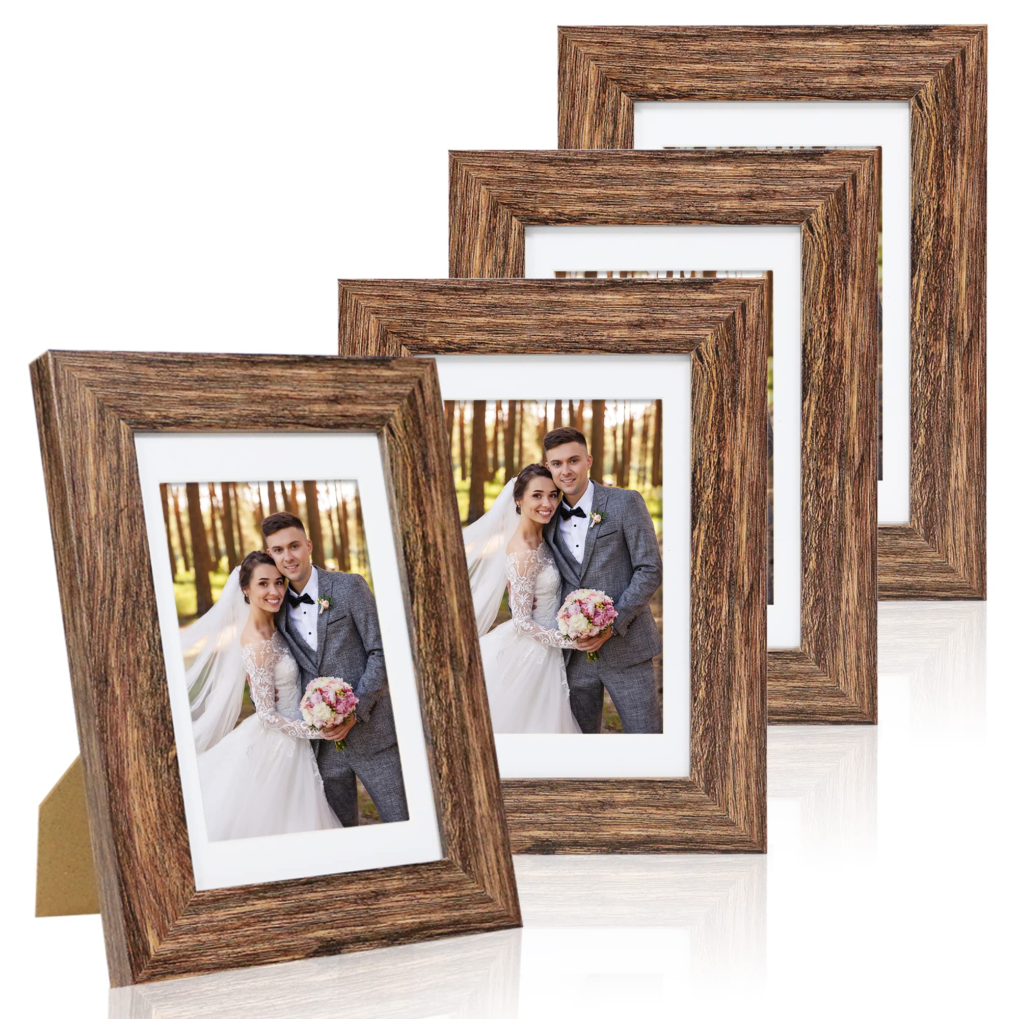 Hongkee 4x6 Picture Frame Set of 4, with Real Glass and Rustic Brown Wooden Frame, 4 by 6 Photo for Wall or Tabletop - Display P