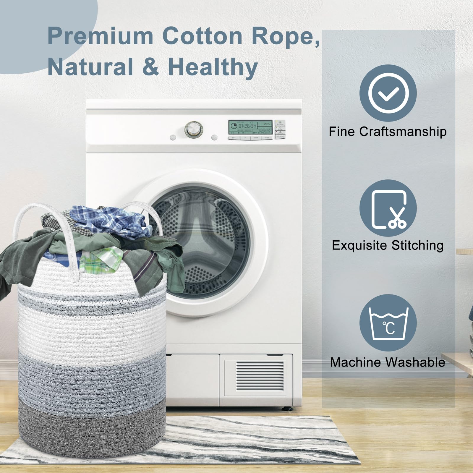 2 Pack Large Tall Rope Laundry Baskets, Cotton Laundry Hamper, Dirty Clothes Hampers Woven Basket, Blanket Basket Storage For Li