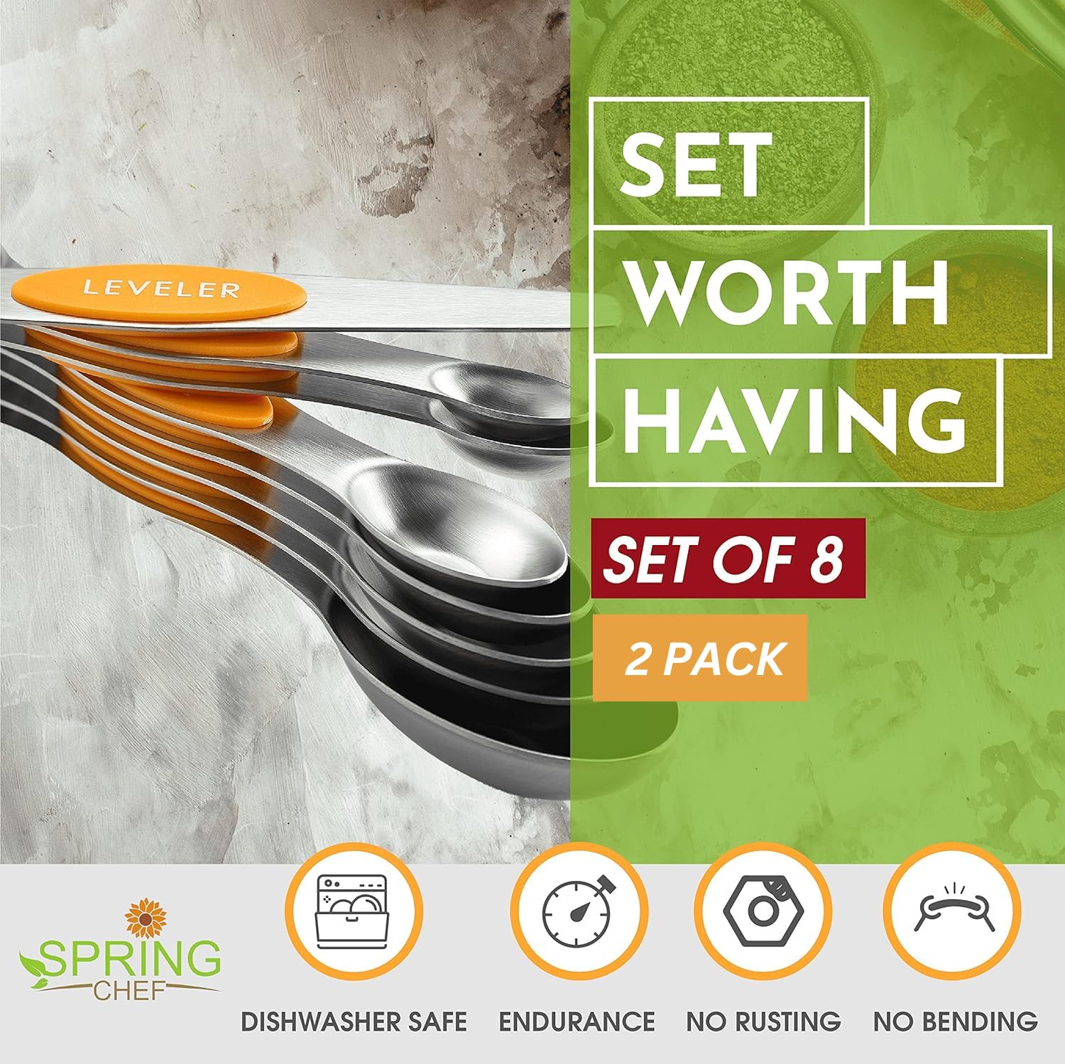 Spring Chef Magnetic Measuring Spoons Set, Dual Sided, Stainless Steel, Fits In Spice Jars, Mango, Set Of 8, 2 Pack