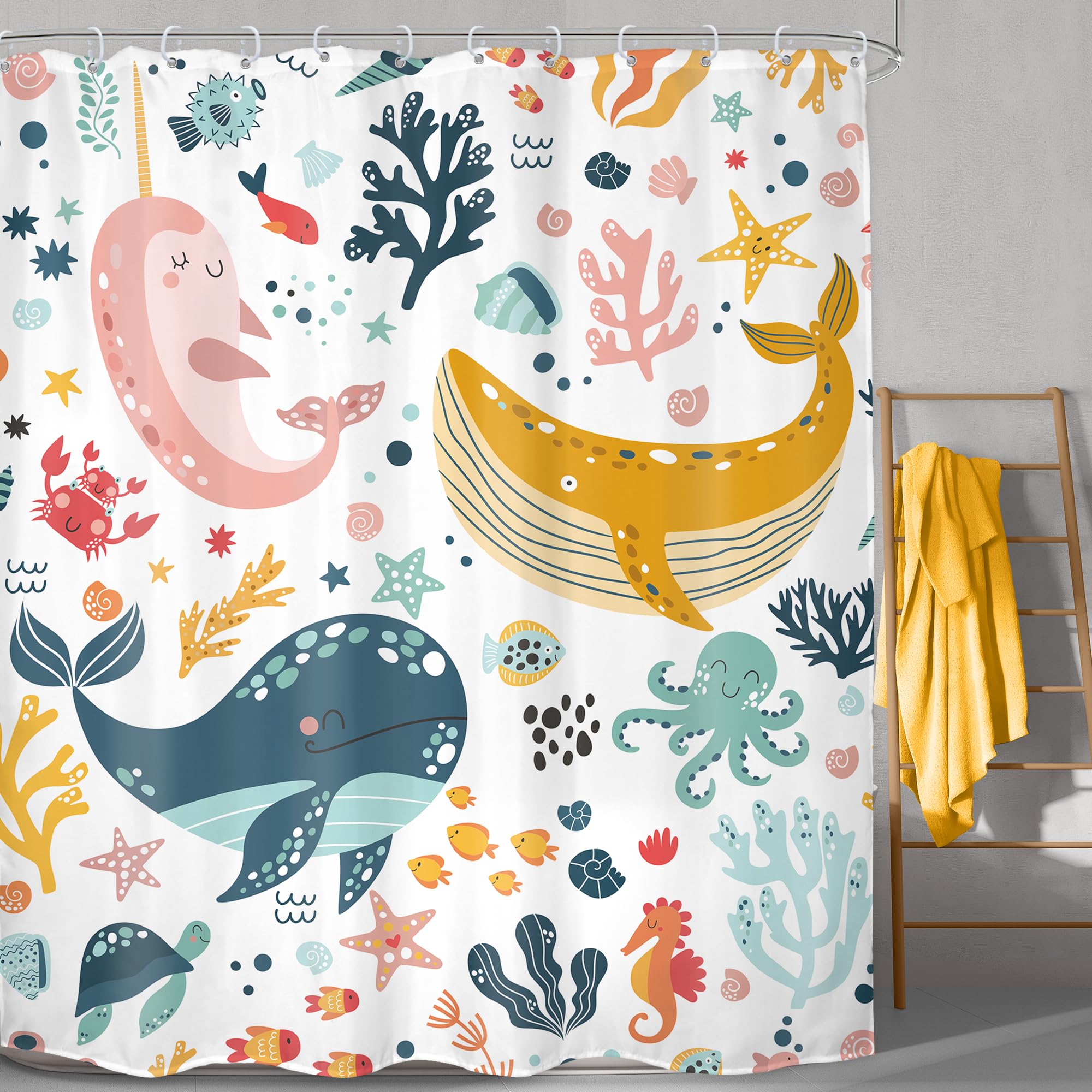 Lghtyro Kids Whale Shower Curtain Bathroom Set 71Wx84H Inches Extra Long Funny Cute Cartoon Fish Ocean Sealife Underwater Coral