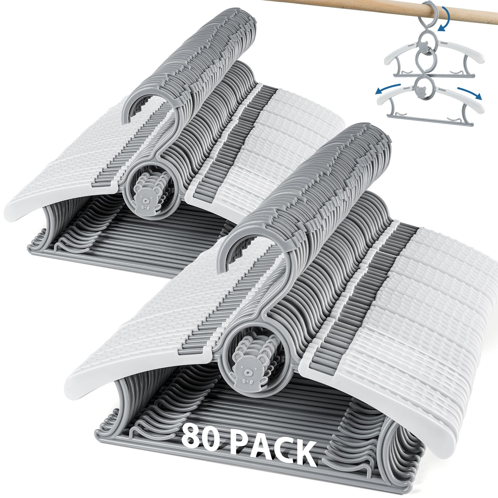 Piglog Kids Hangers 80 Pack Baby Hangers, Extendable & Adjustable Kid Hangers, Non-Slip Plastic Baby Clothes Hangers For Kids In